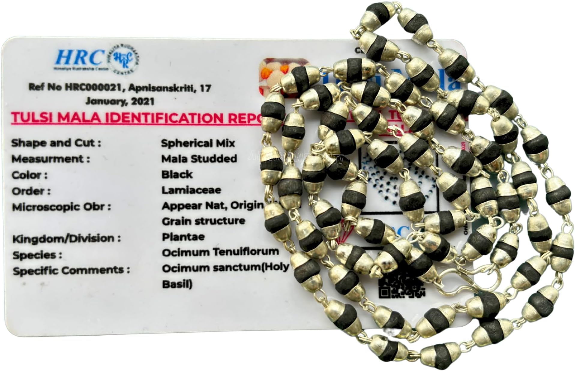 Silver Plated Tulsi Mala Designer Caps (Black, 3-4 Mm, 55 Beads) - 1 Pieces