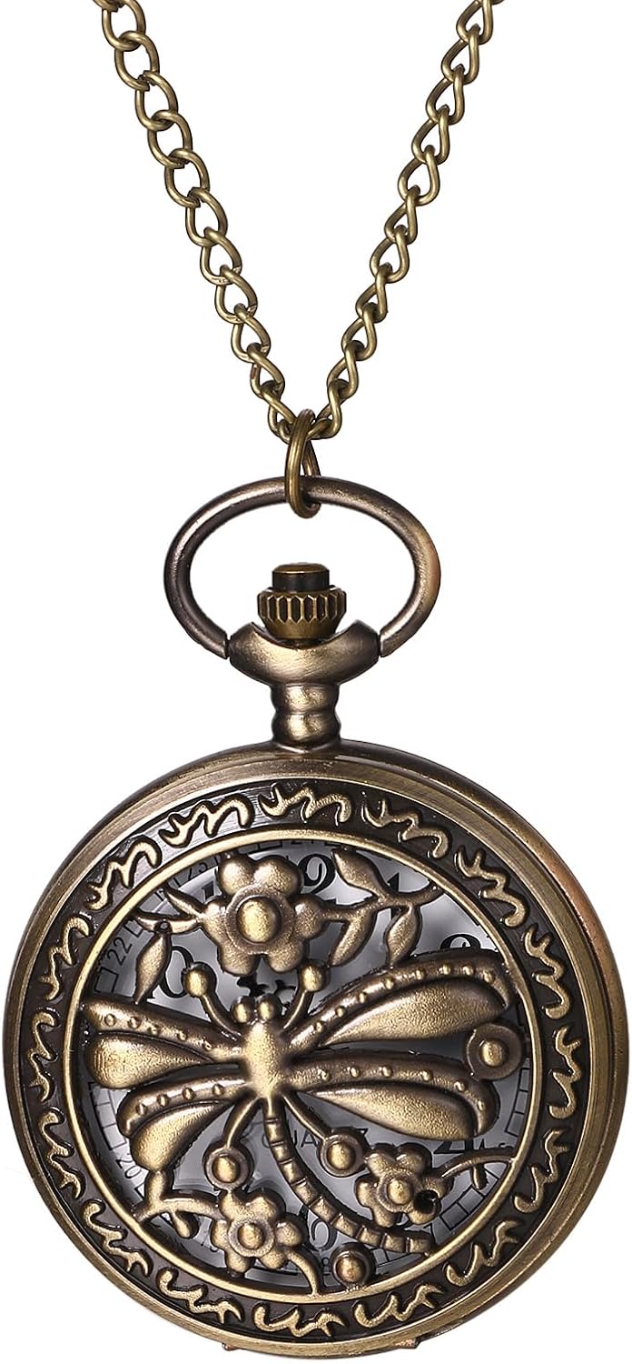 JewelryWe Bronze Dragonfly Pocket Watch Necklace - Vintage Steampunk Fob Watch Pendant for Men Women