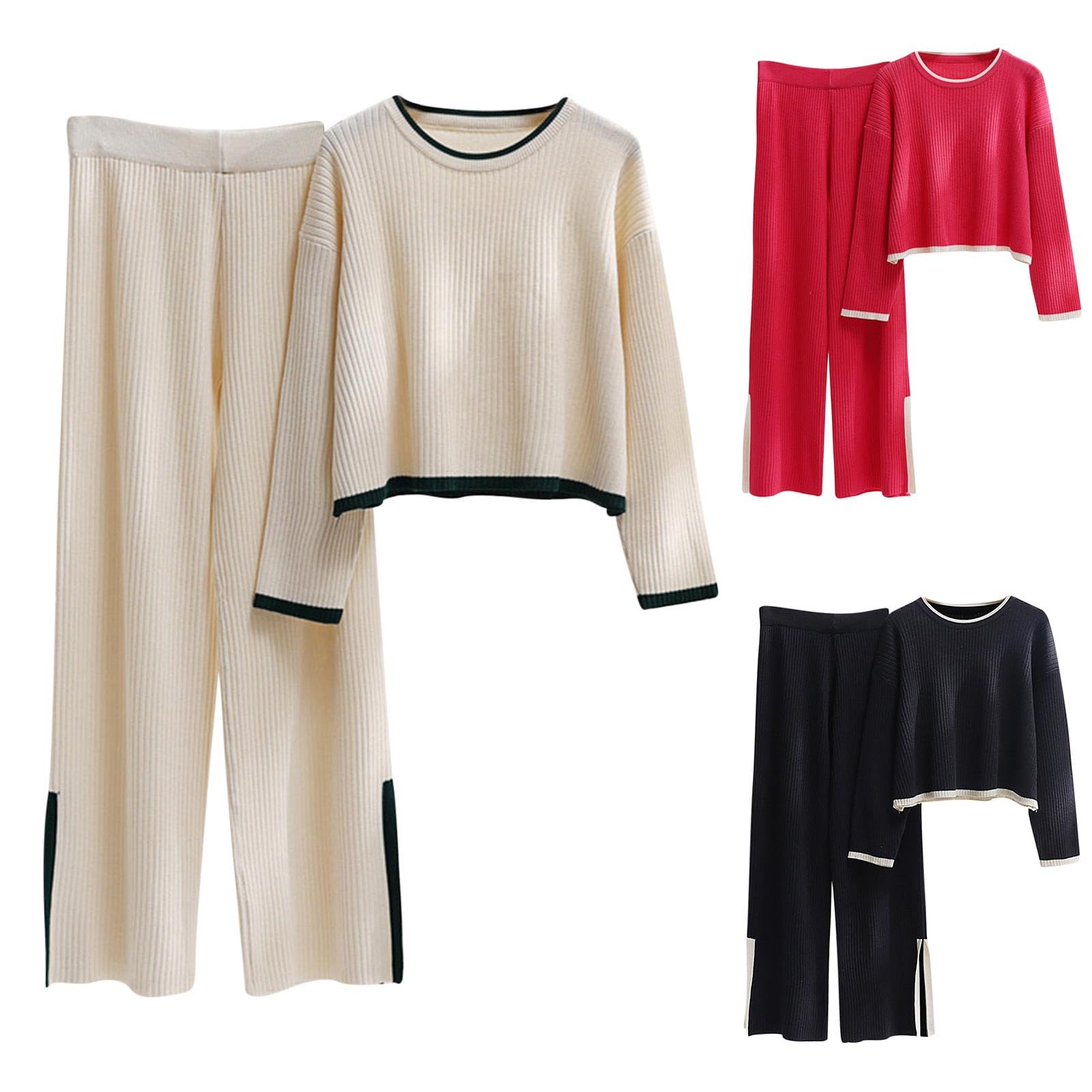 FunAloe2 Piece Outfits Women Sales Sweater Sets 2 Piece Lounge Sets Silk Feel Oversized Casual Short Sleeve Knit Pullover Tops Wide Leg Pants One Size Tracksuit Homewear Elegant Trousers Sets Clearance