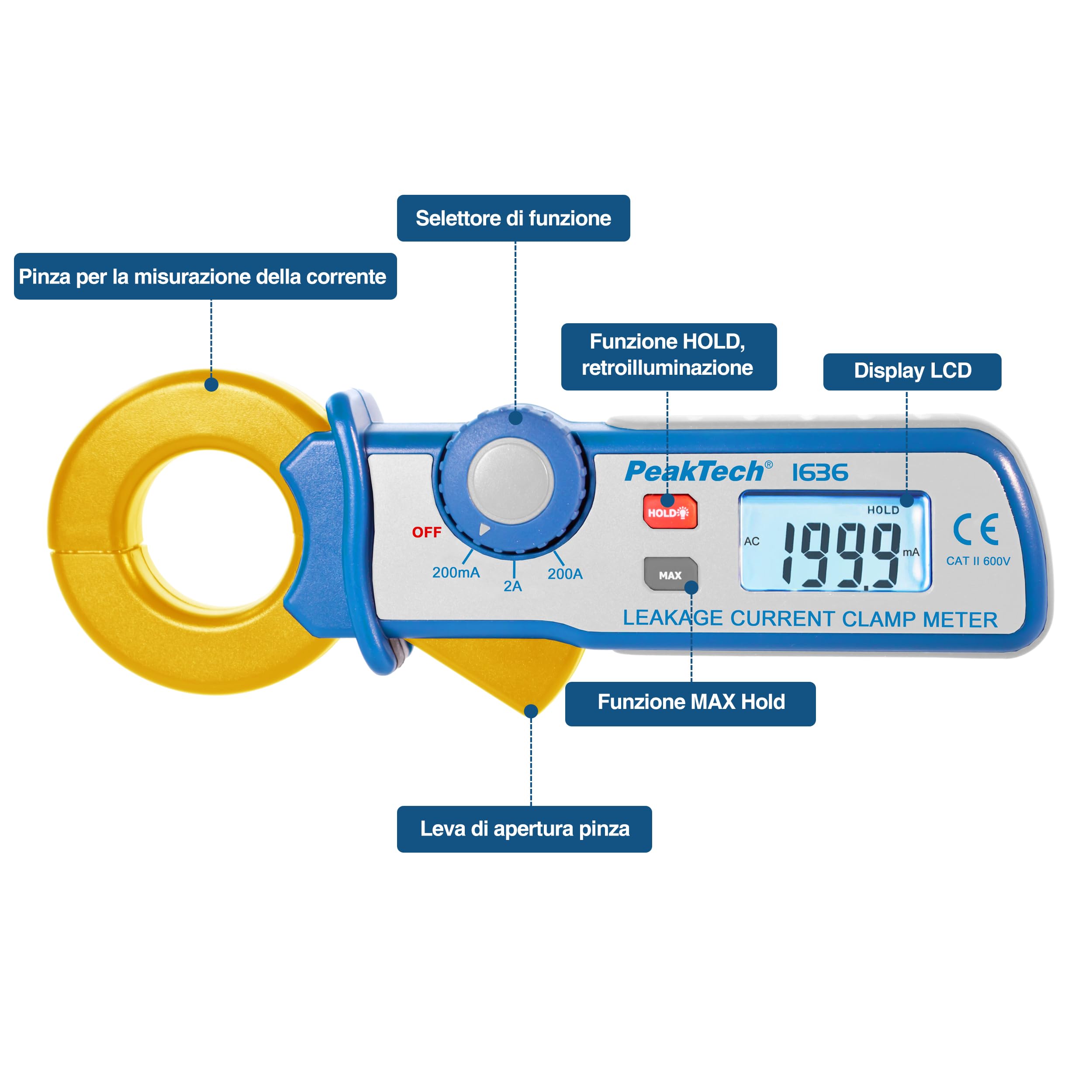 P 1636 PeakTech® P 1636 Pinza per corrente di dispersione con risoluzione di 100μA