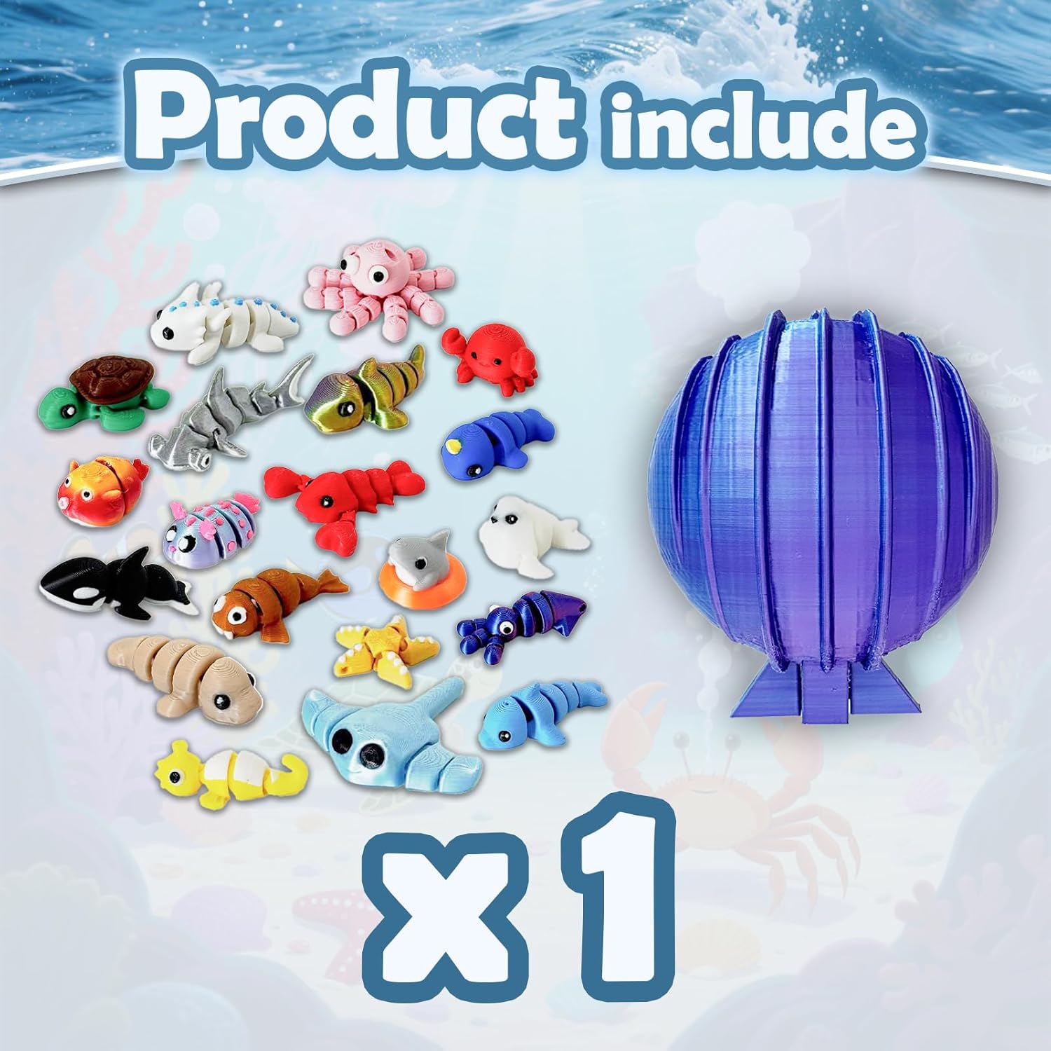 20PCS Ocean Animal Set,3D Printed Shells， 3D Printed Mini Sea Animals Articulating Flexible Fidget, Cute Animal Figurines Birthday Office Desktop Home Decoration