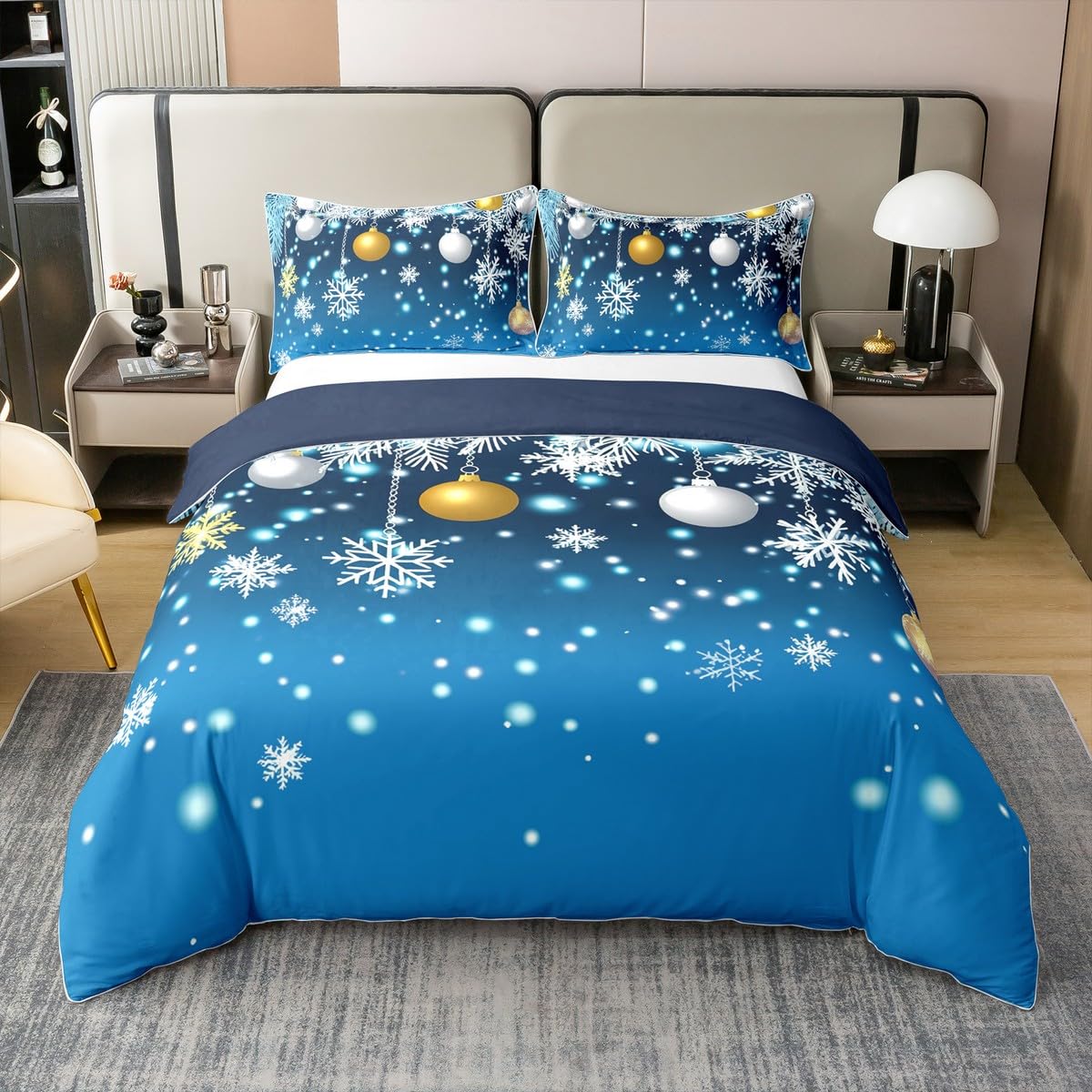 Erosebridal Snowflakes 100% Natural Cotton Bedding Set King Size,Fantasy Glitter Xmas Christmas Bell Soft Comfy Bedspread Cover,Dreamy Winter Magical