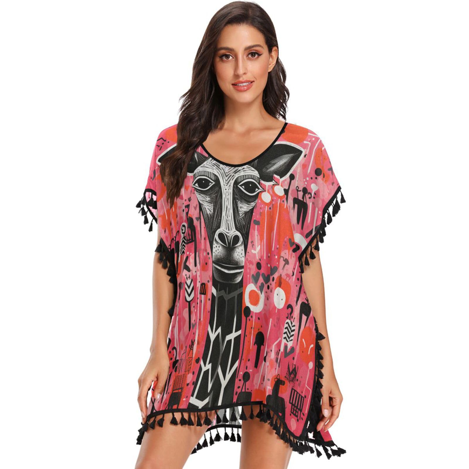 Pink Art Majestic Giraffe Women's Beach Cover Up Chiffon Tassel Swimwear Swimsuit Coverups for Girl