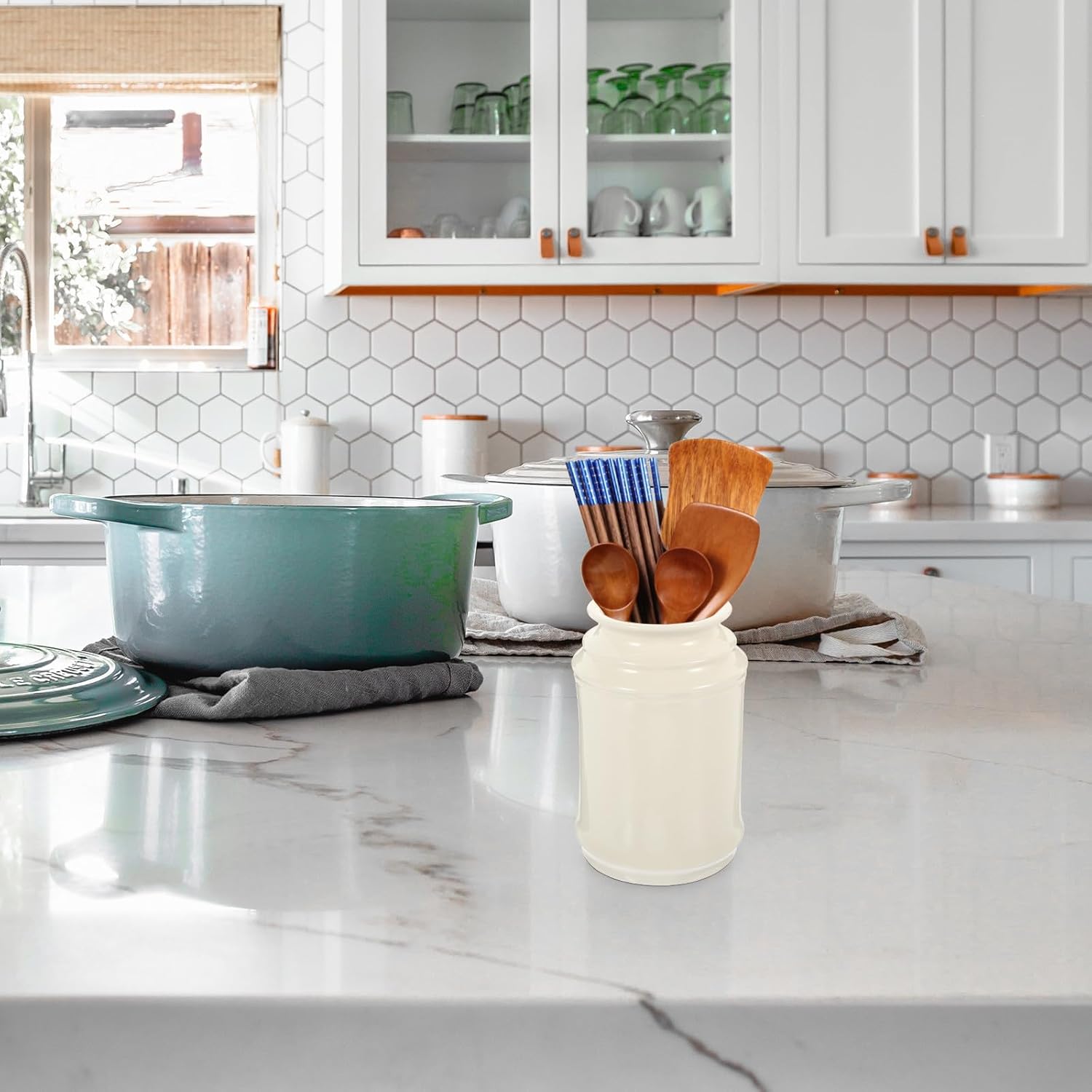 Cabilock Ceramic Utensil Holder and Chopstick Draining Holder Kitchen Cutlery Storage Crock White Reusable Spoon Organizer for Kitchen Counter