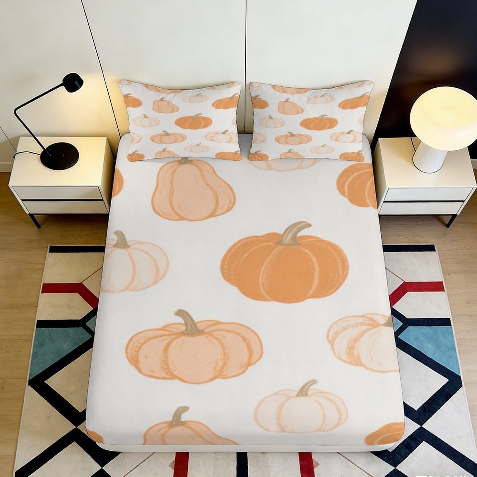 3D Printed Pumpkin Harvest Fitted Sheet Microfiber Non-Slip Autumn Gourd Bed Cover Bedroom Guestroom Decor 90x200x25cm