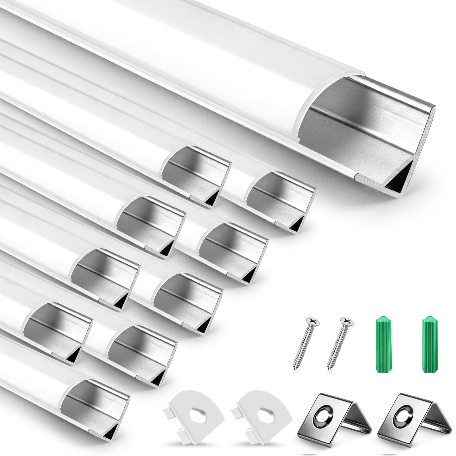 Zestaw 10 profili aluminiowych LED, srebrny kanał aluminiowy LED w kształcie litery U z mlecznobiałą pokrywą, zaślepkami i klipsami montażowymi, aluminiowy profil wytłaczany do taśm LED V02