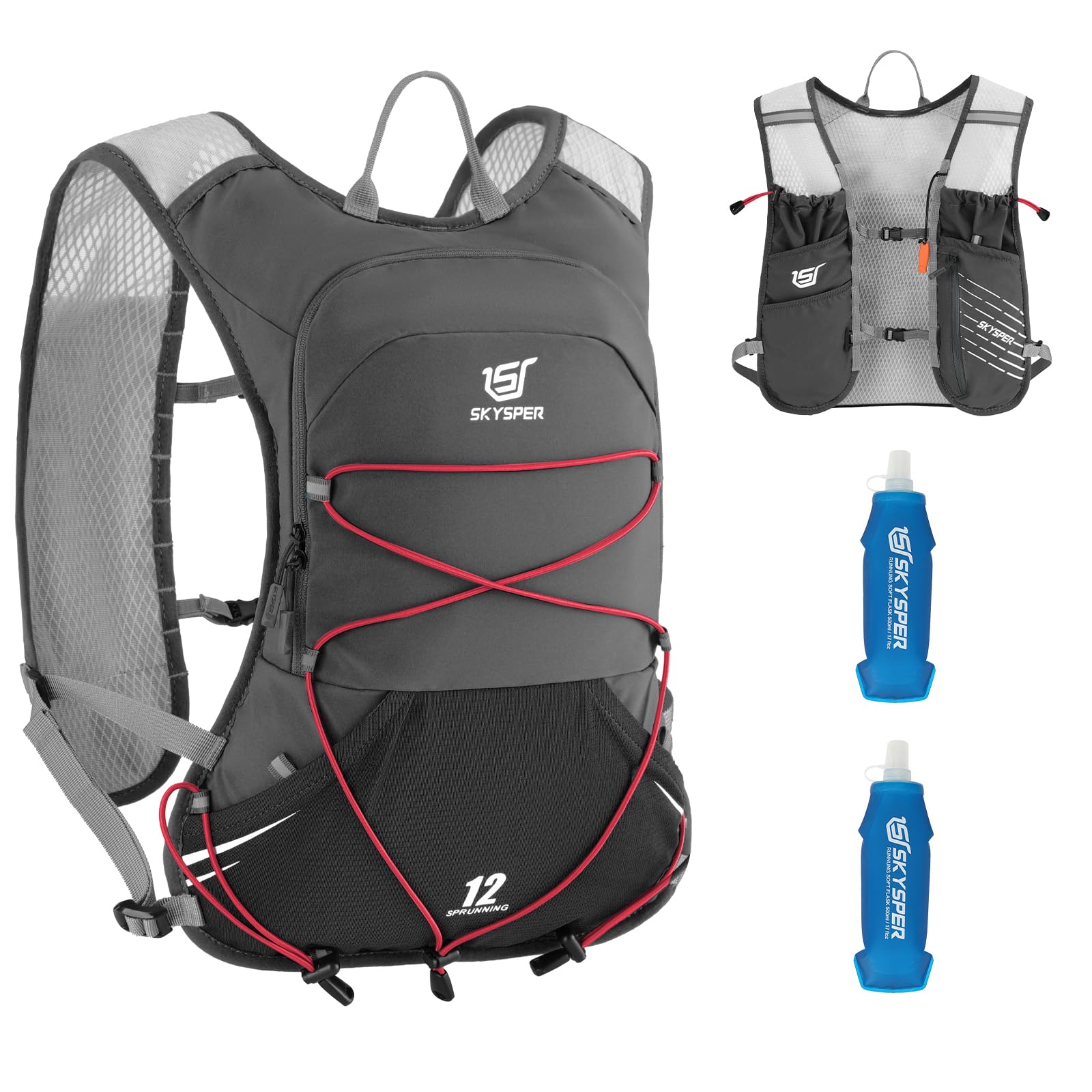 SKYSPER Zaino Idratazione 12L, Gilet Zaino Trail Running con 2 Borraccie Morbide 500ml Zaino da Corsa per Maratona Jogging Escursione Uomo Donna
