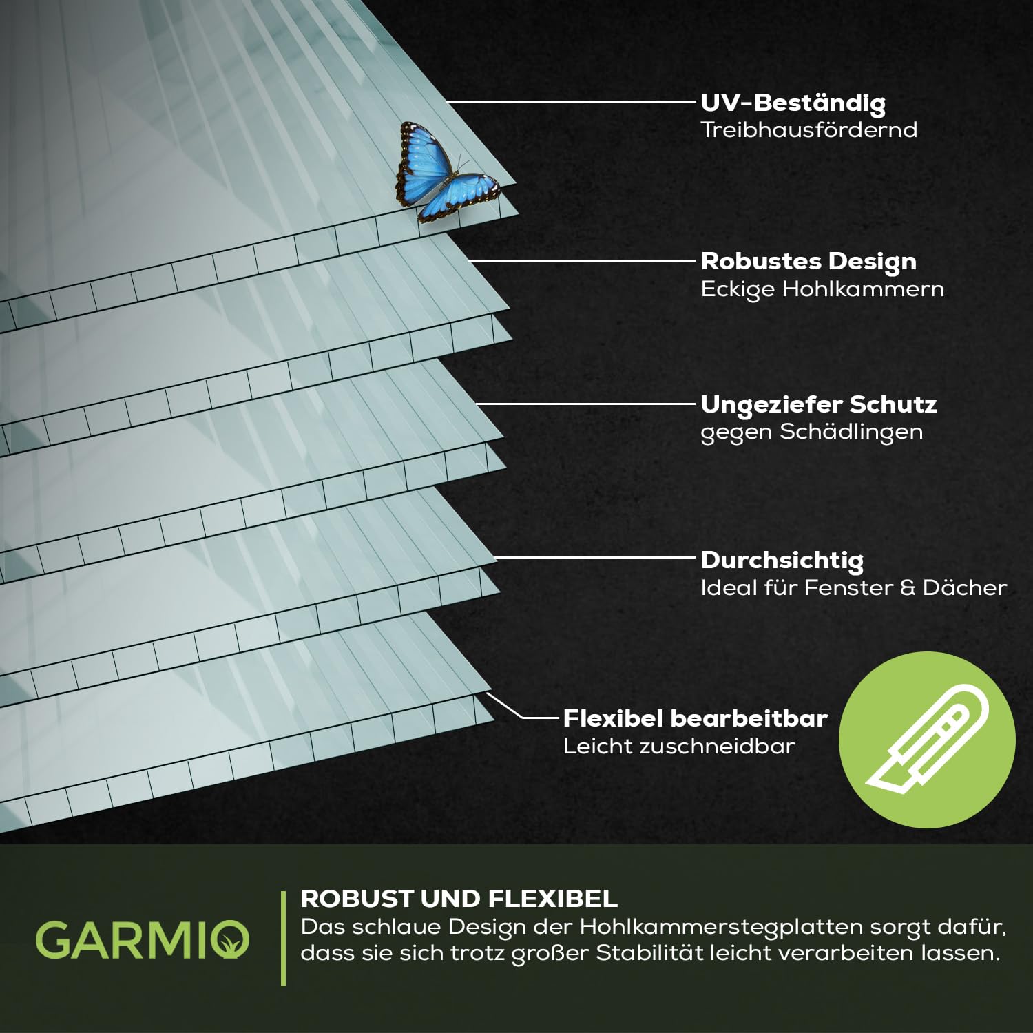 GARMIO® 14x ACRI Hohlkammerstegplatten Gewächshausplatten 4mm 10,25 m² Doppelstegplatte 121x60,5 cm, UV-beständig