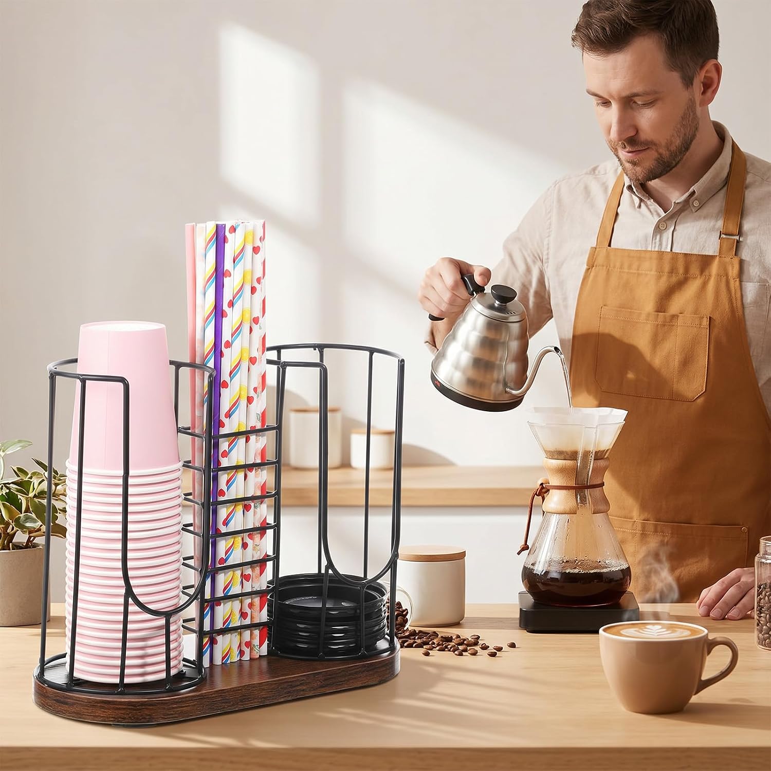3-Compartment Coffee Bar Cup Holder with Wood Base