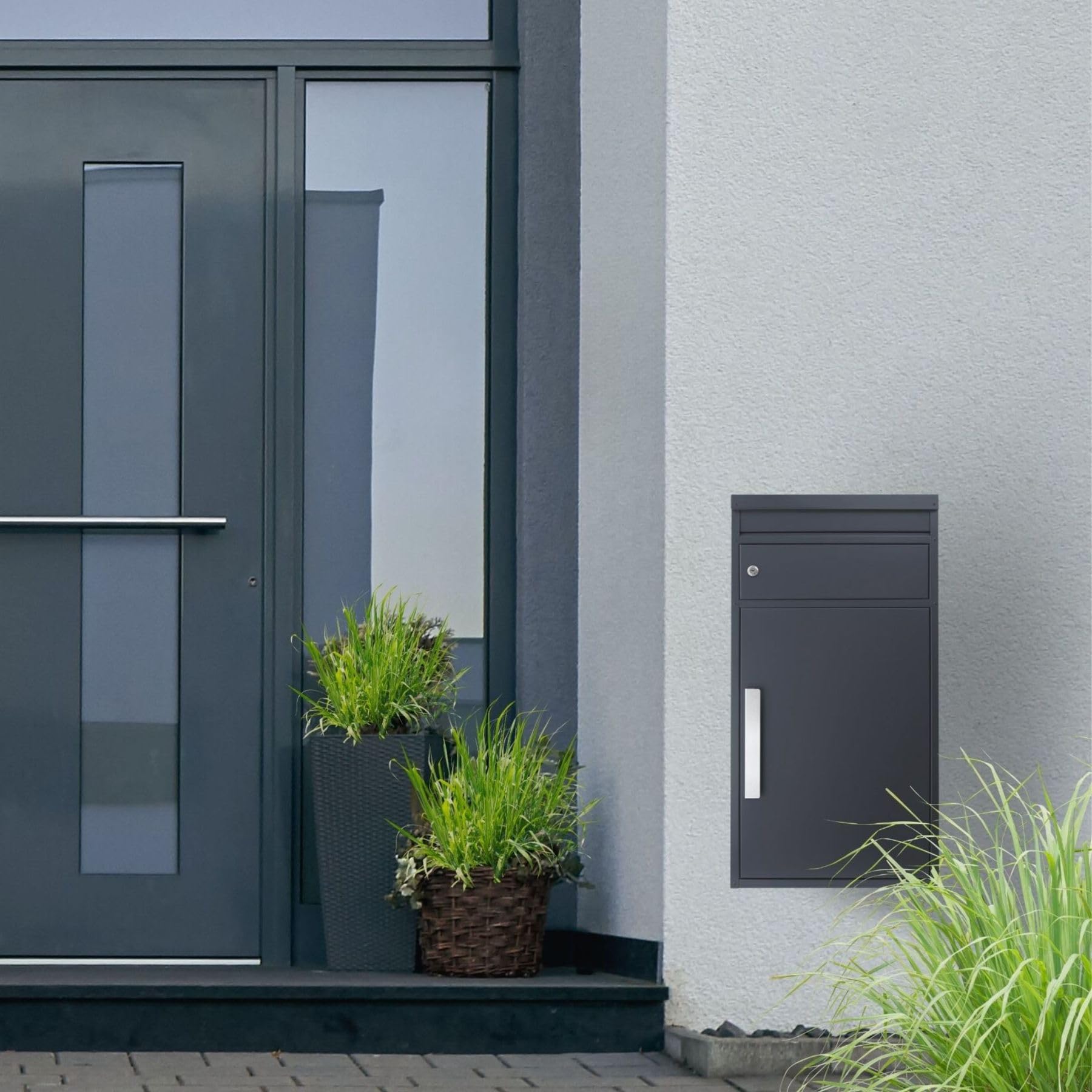 Paketbriefkasten XXL anthrazit mit Briefeinwurf wetterfest rostfrei freistehend Standbriefkasten draussen 65M Paketbox mit Briefkasten Paketkasten XXL Paketstation Paketfach RAL 7016