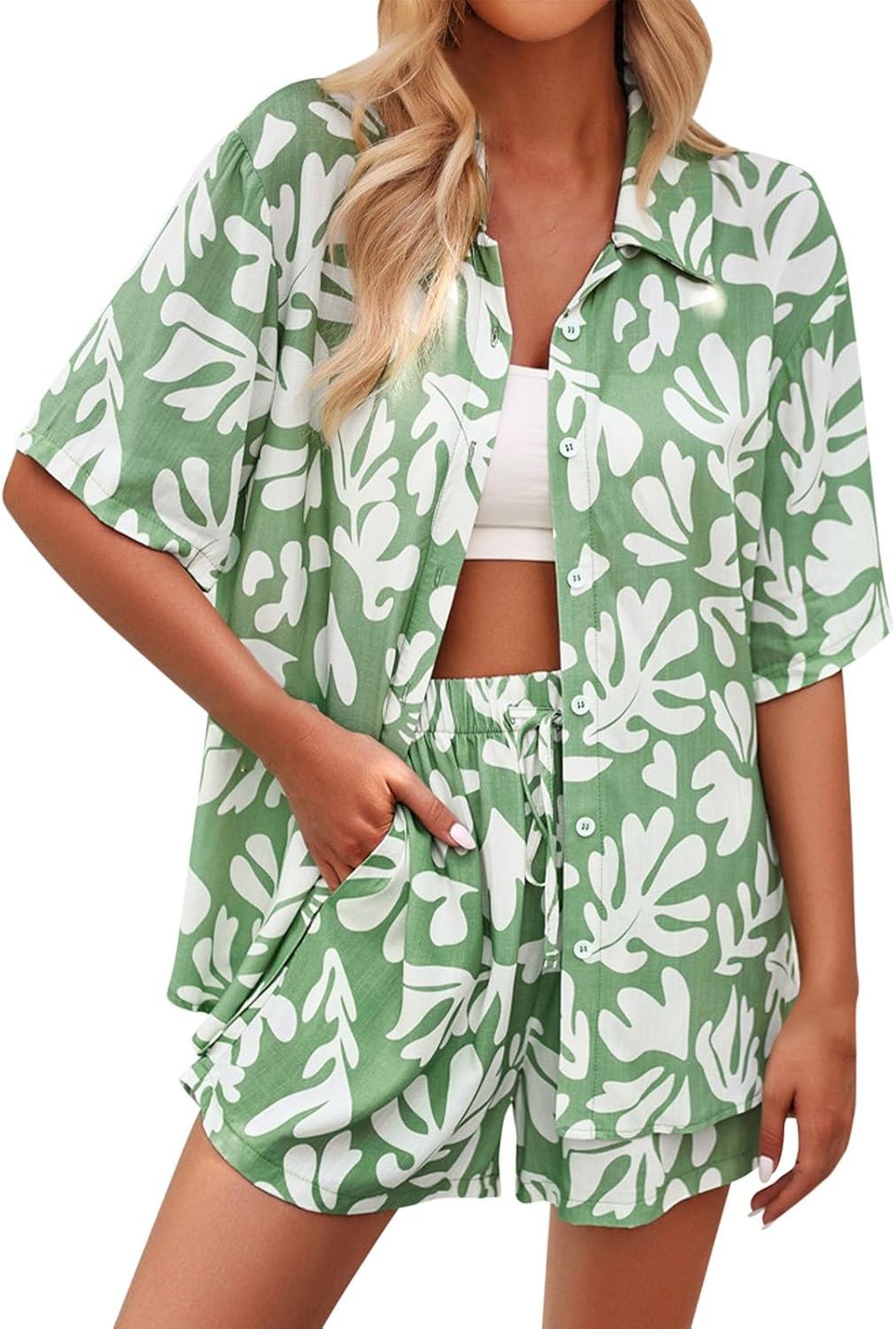 GOKKILRW Womens Summer Shorts Sets Casual Button Down Shirts Shorts Tropical 2 Piece Outfit Print Beach Vacation Loungewear