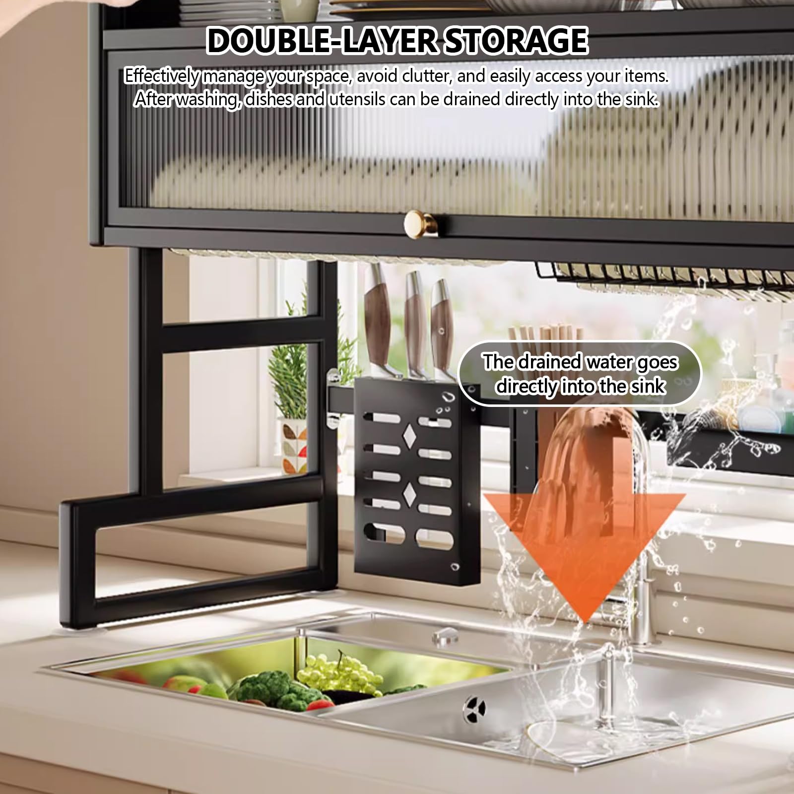 Doble capa Gran capacidad cocina escurreplatos, cocina encimera platos organizador, fregadero escurridor de platos, cubiertos escurreplatos para fregadero sobre.(95cm)