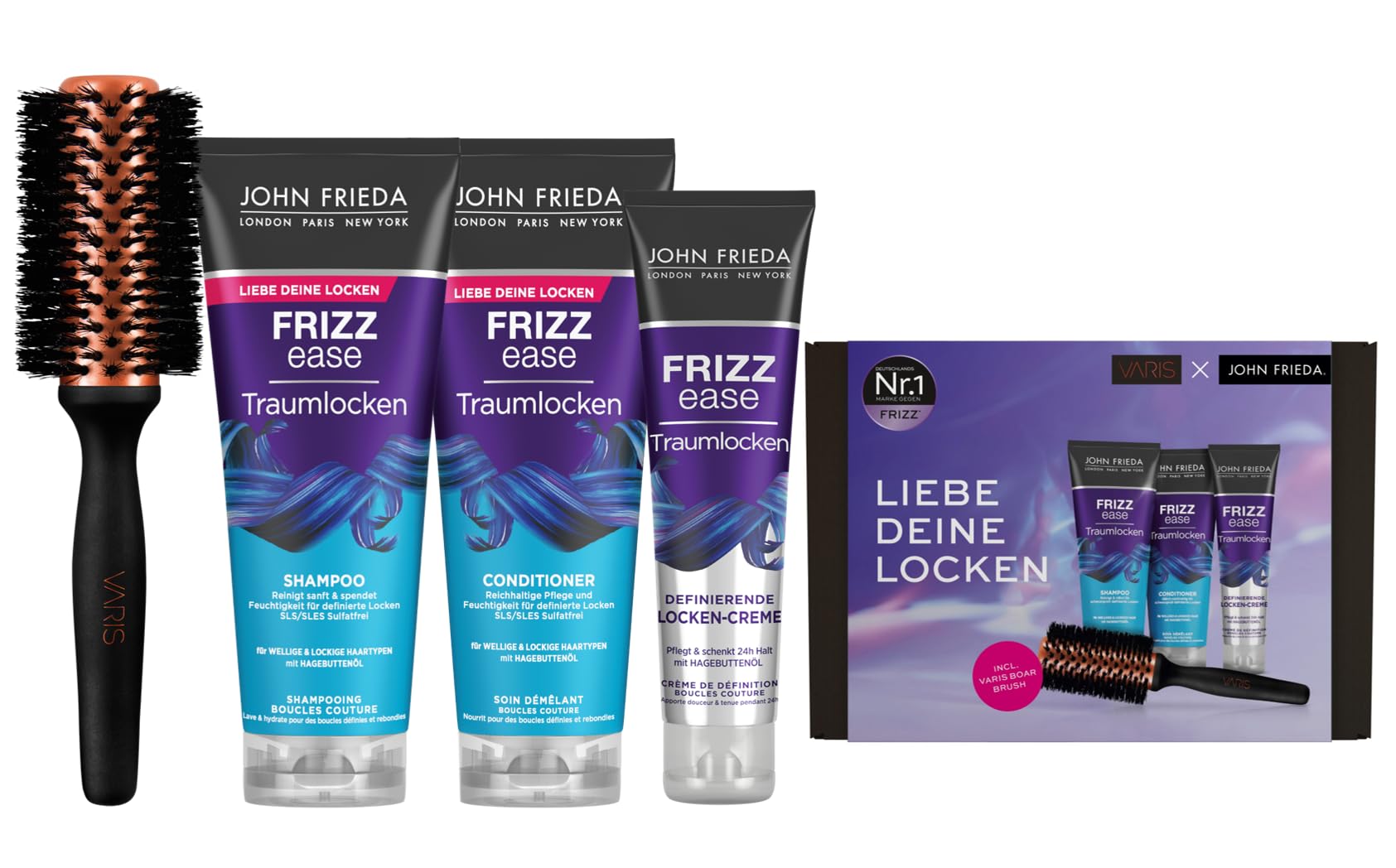 John Frieda Varis Frizz Ease Traumlocken Kit avantageux – Contenu : shampooing, 250 ml/après-shampoing, 250 ml/crème définissante bouclée, 150 ml/brosse à cheveux Varis Boar Brush – Inspiré des
