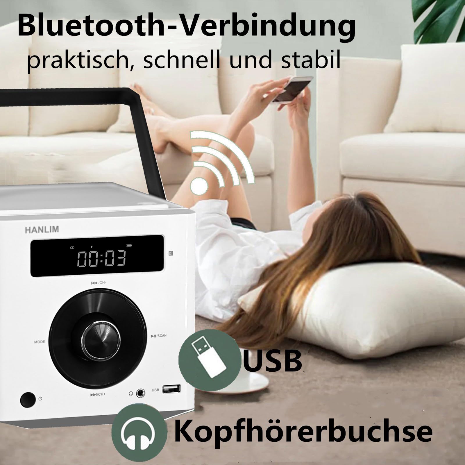 CD Player Tragbar mit Bluetooth, UKW Radio, 2000mAh wiederaufladbare Akku, MP3-Wiedergabe/USB/AUX-Eingang/Kopfhöreranschluss/Fernbedienung, 10W Lautsprecher, kompakter Tragbarer CD-Player, Weiß