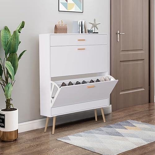 Miniatura 10 de SSLine Zapatero de ratán con 2 cajones abatibles, organizador de almacenamiento de zapatos con doble capa, armario estrecho de almacenamiento de