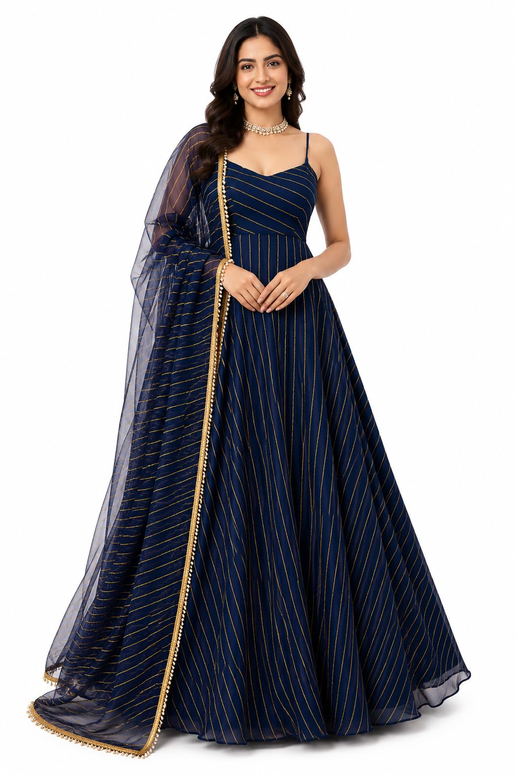 Designer Anarkali Gown with Dupatta Navy Blue Gold Stripe-image-34