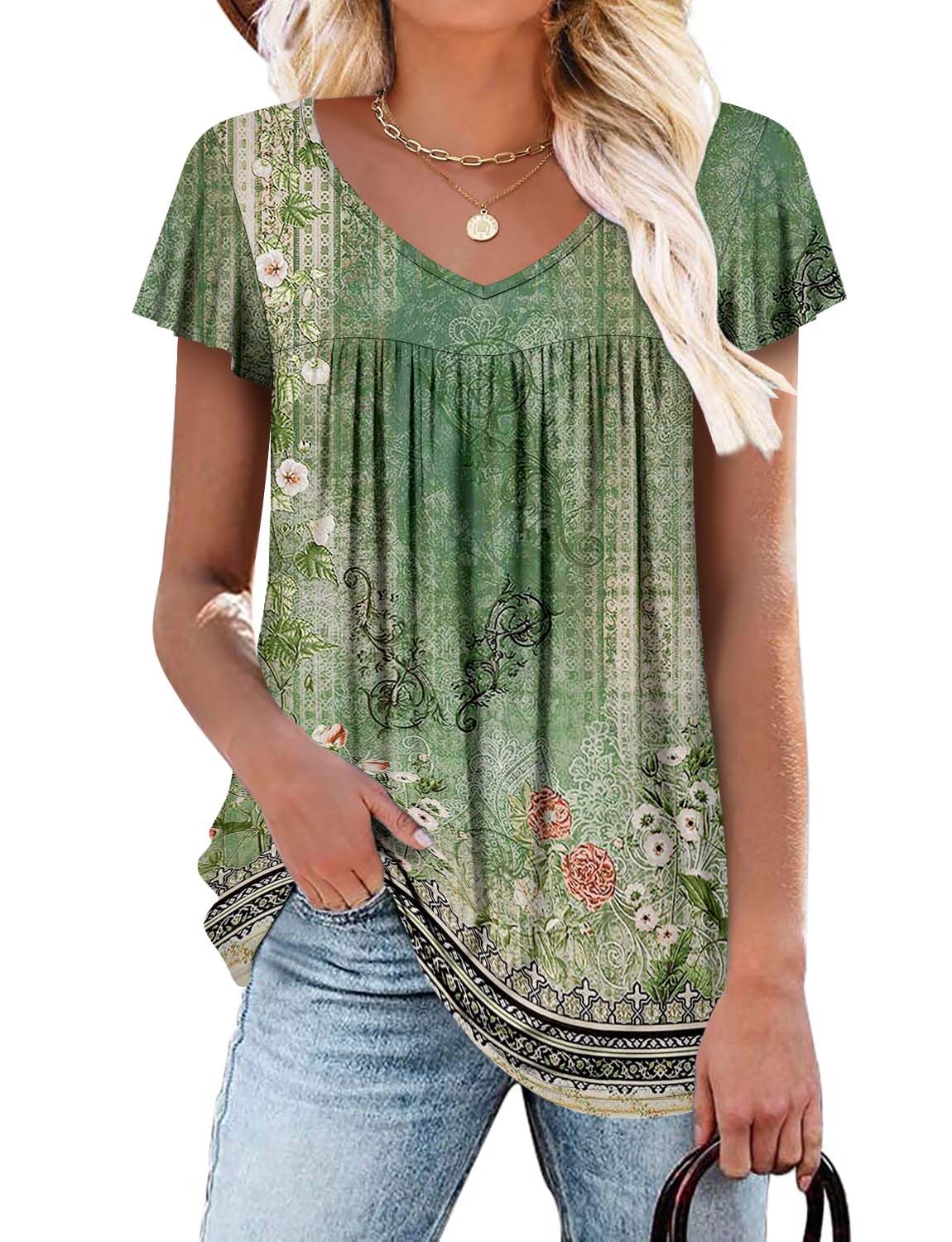 ROSELINLIN Womens Ruffle Sleeve Tunic Tops V Neck Loose Fit Short Sleeve Summer Shirts