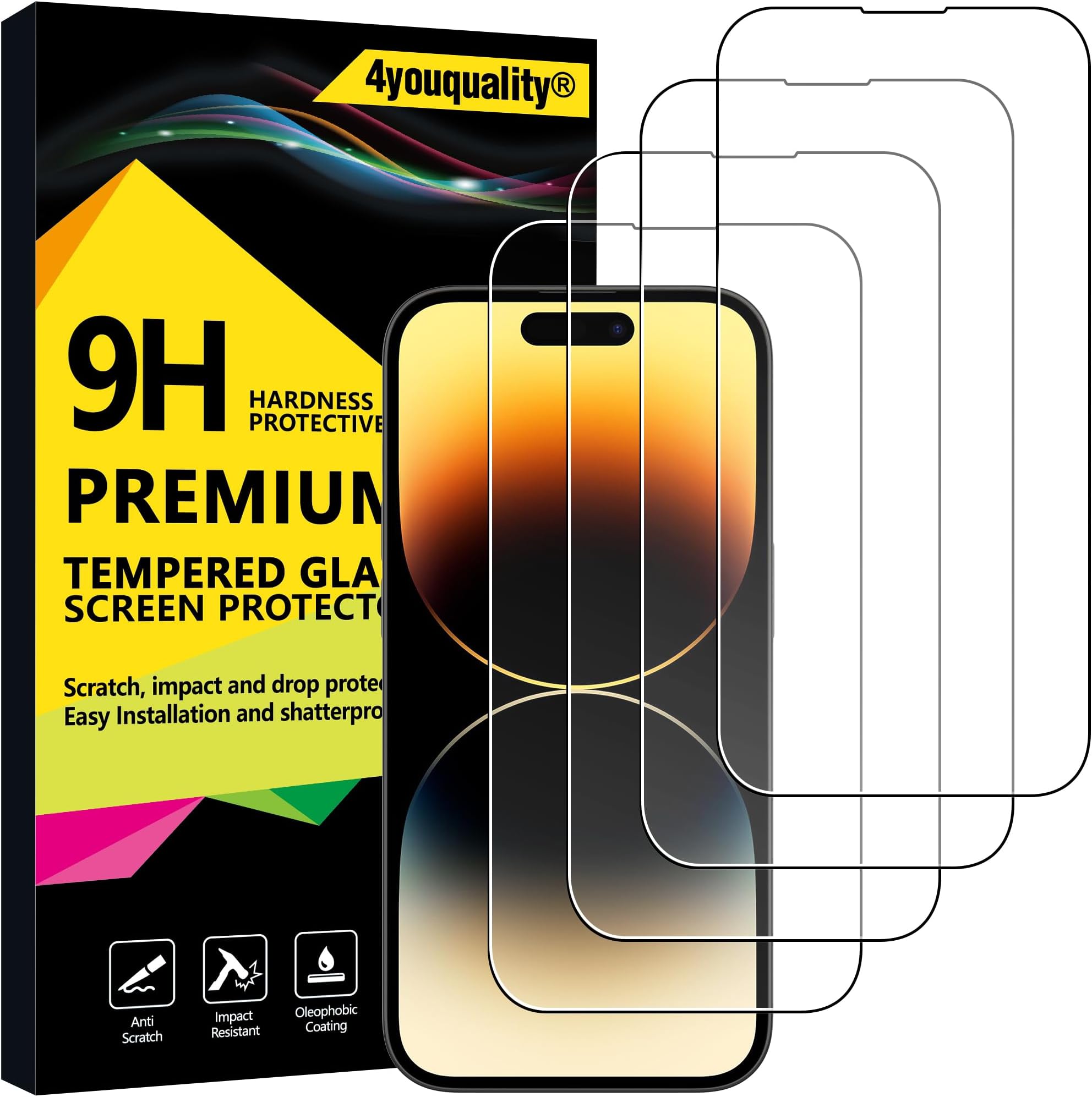 4youquality [4-Pack[Full Coverage] Screen Protector for iPhone 14 Pro (6.1-Inch), Tempered Glass Film, [LifetimeSupport][Impact-Protection][Anti-Shatter][Anti-Scratch]
