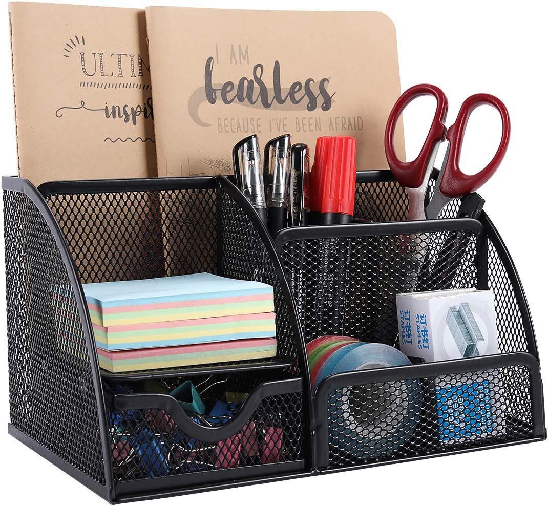 EasyPAG Office Mesh Desk Tidy Versatile Stationery Storage Desktop Organiser Pen Holder with Drawer,Black