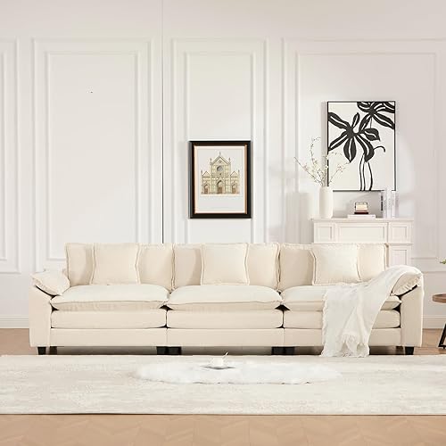 Miniatura 3 de Sofá seccional modular beige de 117.3", sofás seccionales grandes de 3 plazas para sala de estar, sofá nube de tela chenilla de gran tamaño con