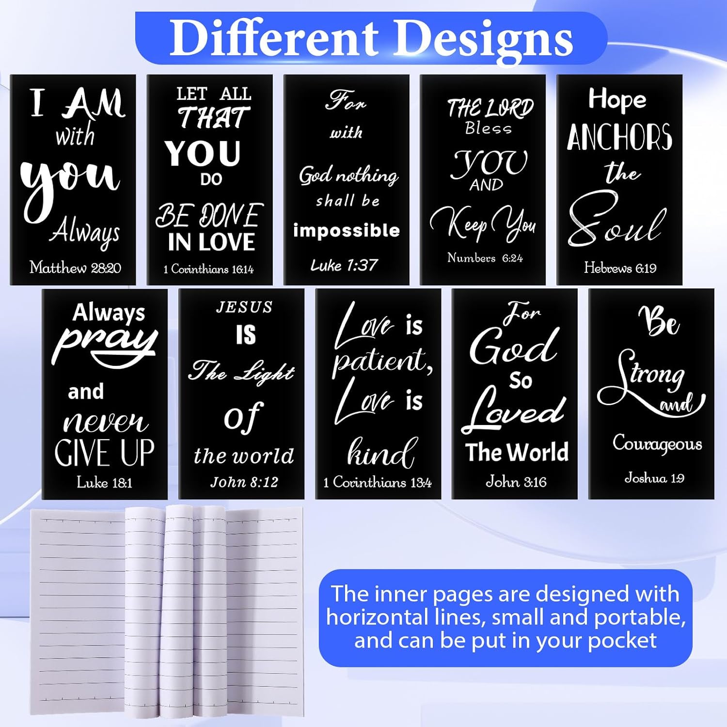 200 Pcs Christian Gifts for Women Christian Accessories Include 50 Bible Verses Notebooks 50 Church Bookmarks 50 Scripture Pens 50 Organza Bags for Church Motivational Gift(Black,White) - Image 6