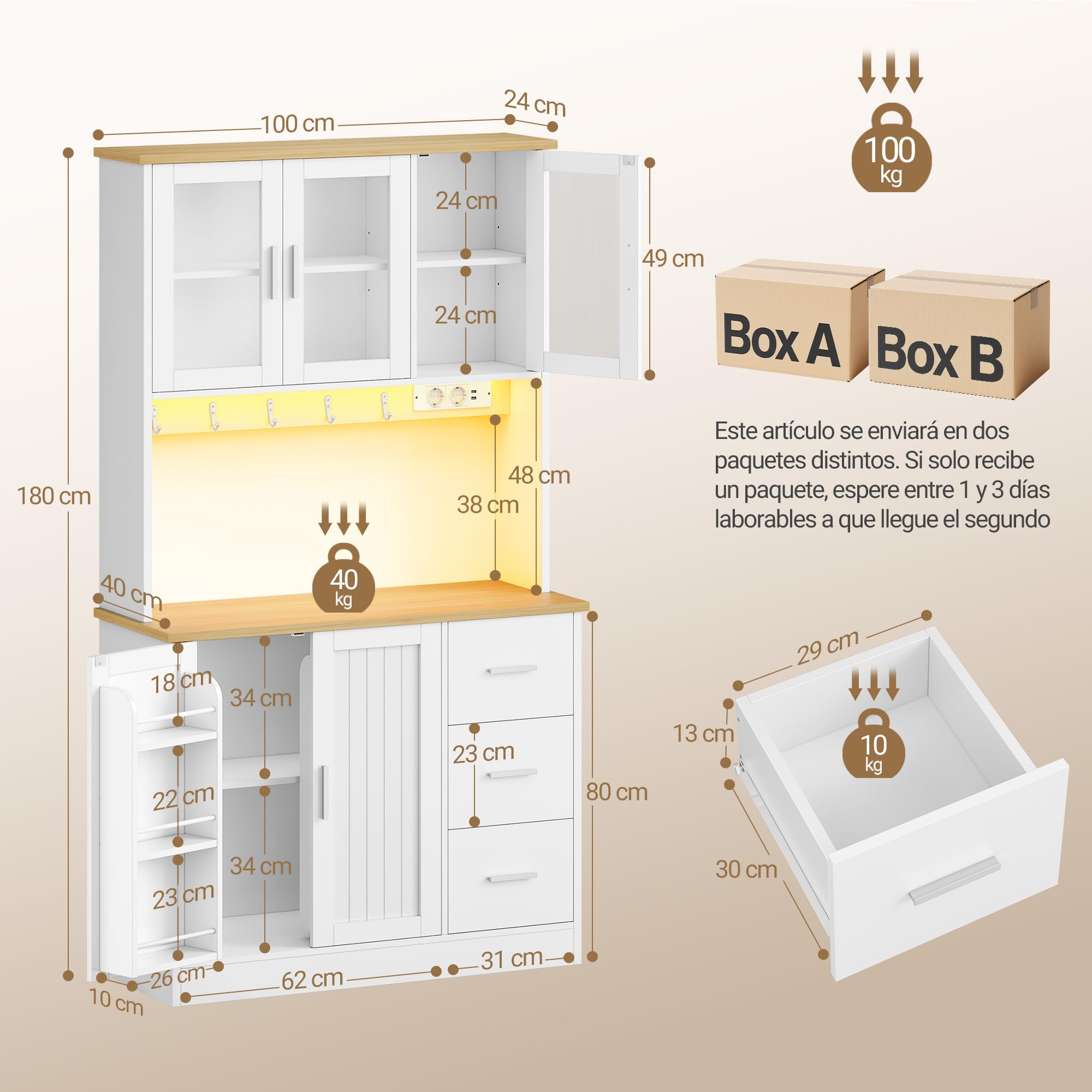 Hzuaneri Armario Cocina Alto, con Toma y Tira LED, 40 x 100 x 180 cm | Estante 6 Niveles Tras Puerta, 5 Puertas y 3 Cajones, Para Cocina o Salón, Blanco-Roble PT10303XEU