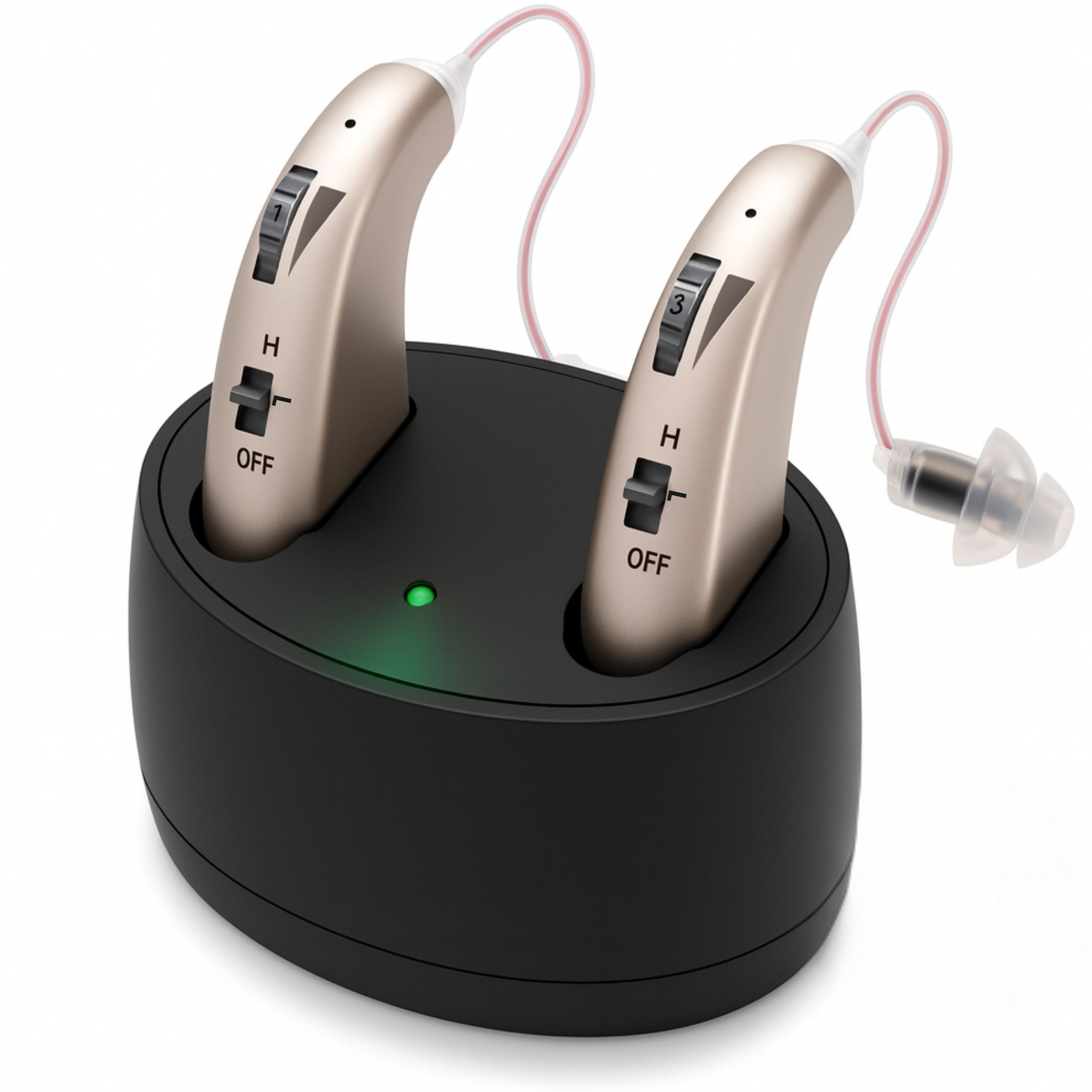 Genzo Amplificador de Sonido Personal Recargable (2 Unidades) - Ultraligero (Solo 3.9g) - Retroauricular (BTE) - Volumen Ajustable - Base de Carga Magnética - hasta 40 Horas de Autonomía
