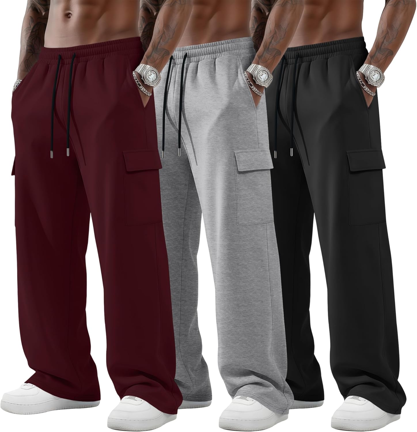Neer 3 Pack Men's Big and Tall Cargo Sweatpants Baggy Wide Straight Leg Lightweight Open Bottom Drawstring Pants Pockets