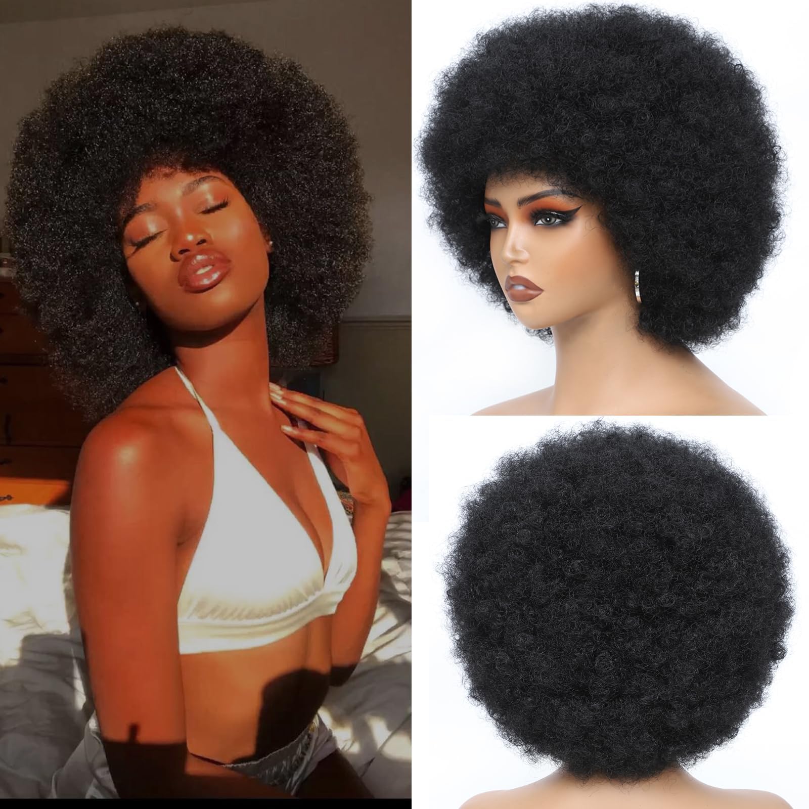 Xcalic Afro Wigs for Black Women 70s Disco Wig for Women Natural Curly Bouncy Fluffy Afro Wigs for Daily and Costume Cosplay (1B#)