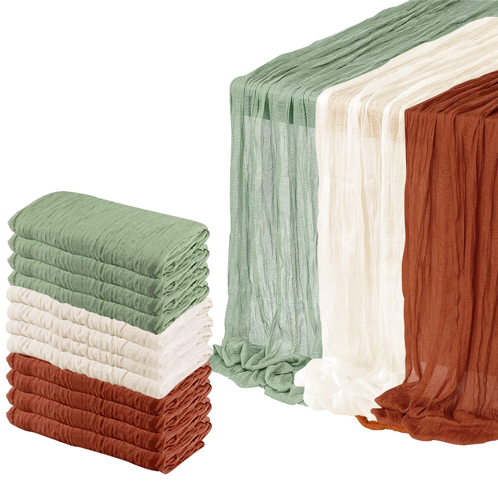 12 pack cheesecloth table runner,10ft rustic sheer runner gauze tablecloth boho wedding decor romantic table runner for wedding bridal shower birthday party(35" x 118") (terracotta, beige,sage green)