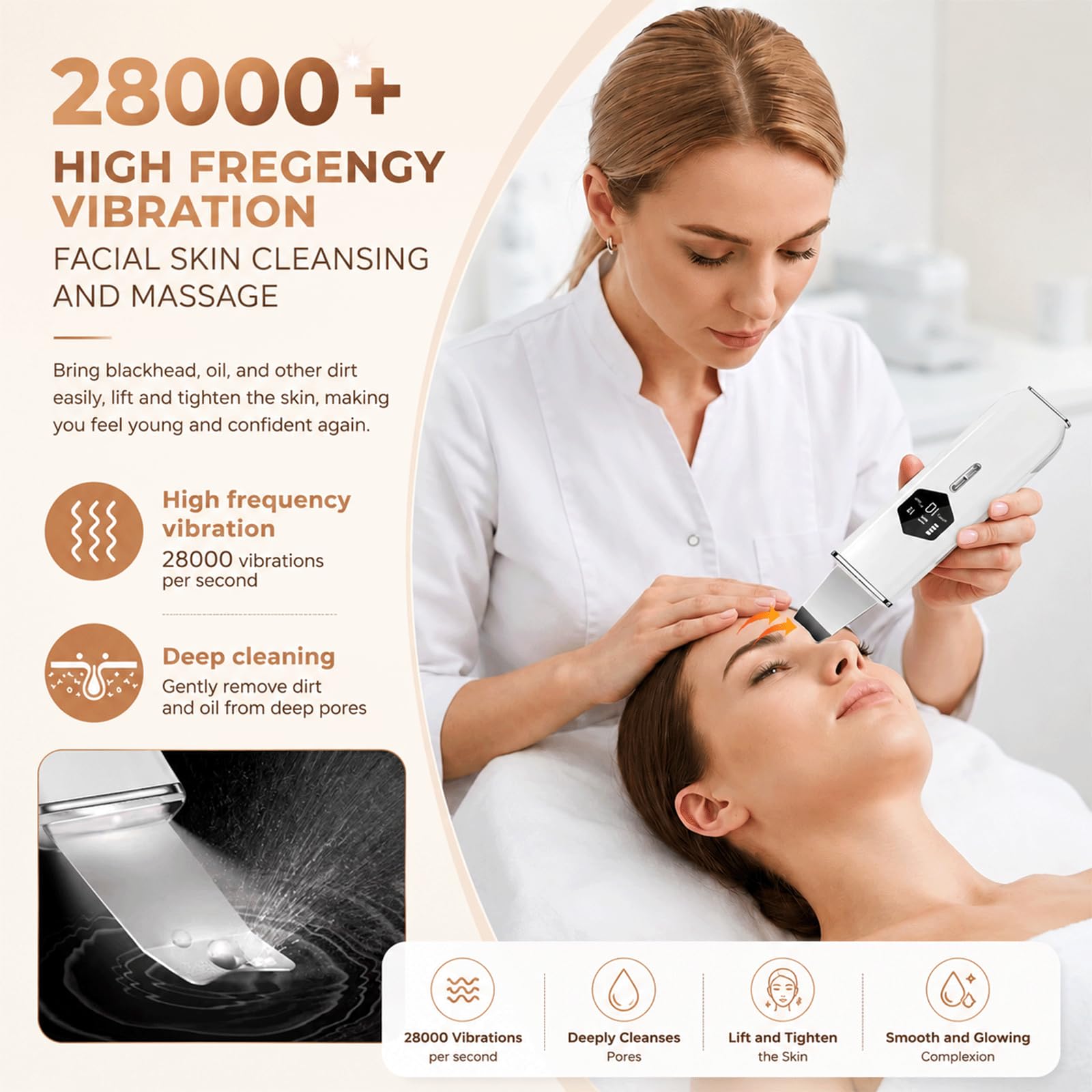 Pulizia Viso Ultrasuoni,Punti neri rimozione,Aspira punti neri,Skin Scrubber,Spatola Ultrasuoni Viso,Peeling Ultrasonico,con 4 Modalità e Intensità Regolabile,per la Pulizia Della Pelle