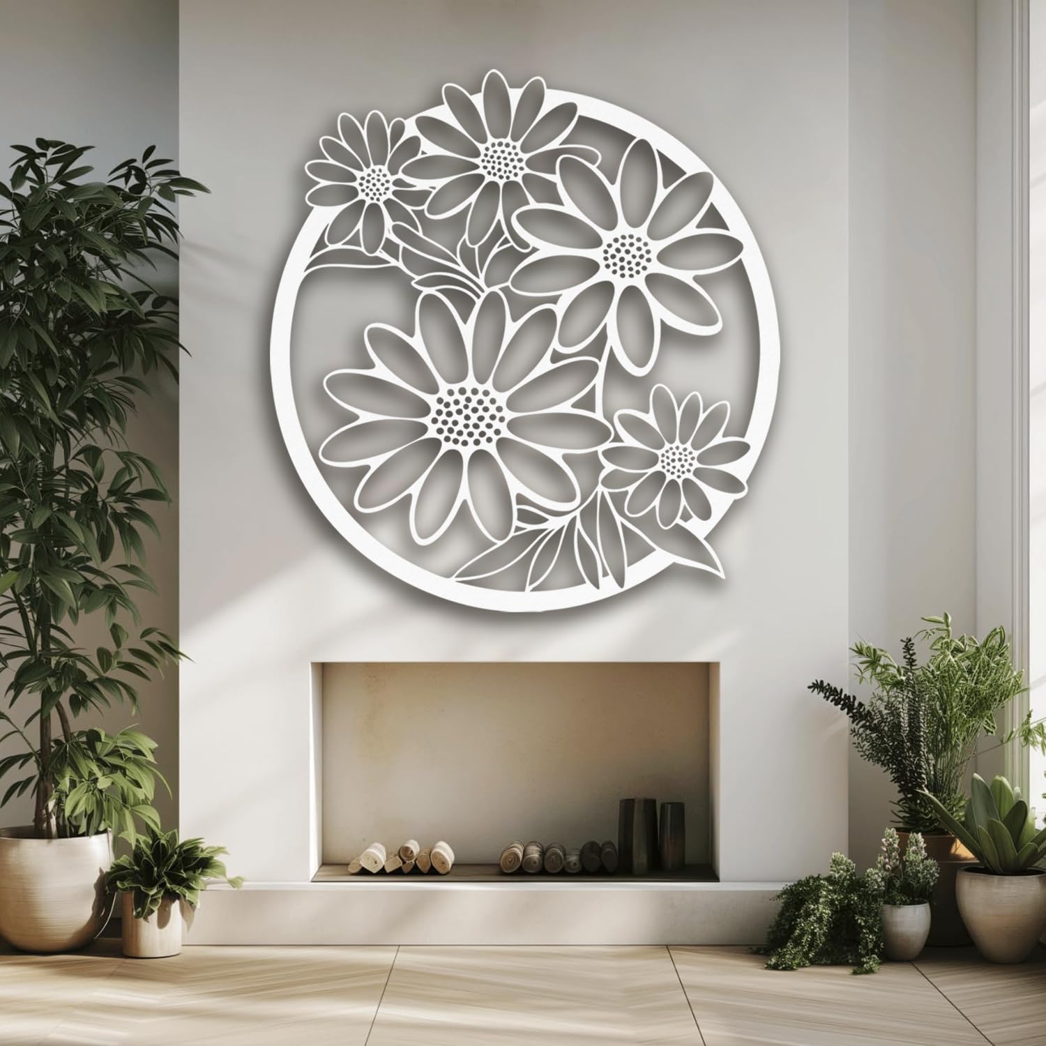 XXQ Metal Wall Art Decor, Daisy Flower Wall Sculpture Indoor Outdoor Metal Art for Bedroom Living Room Kitchen Patio Available in Black White and Gold