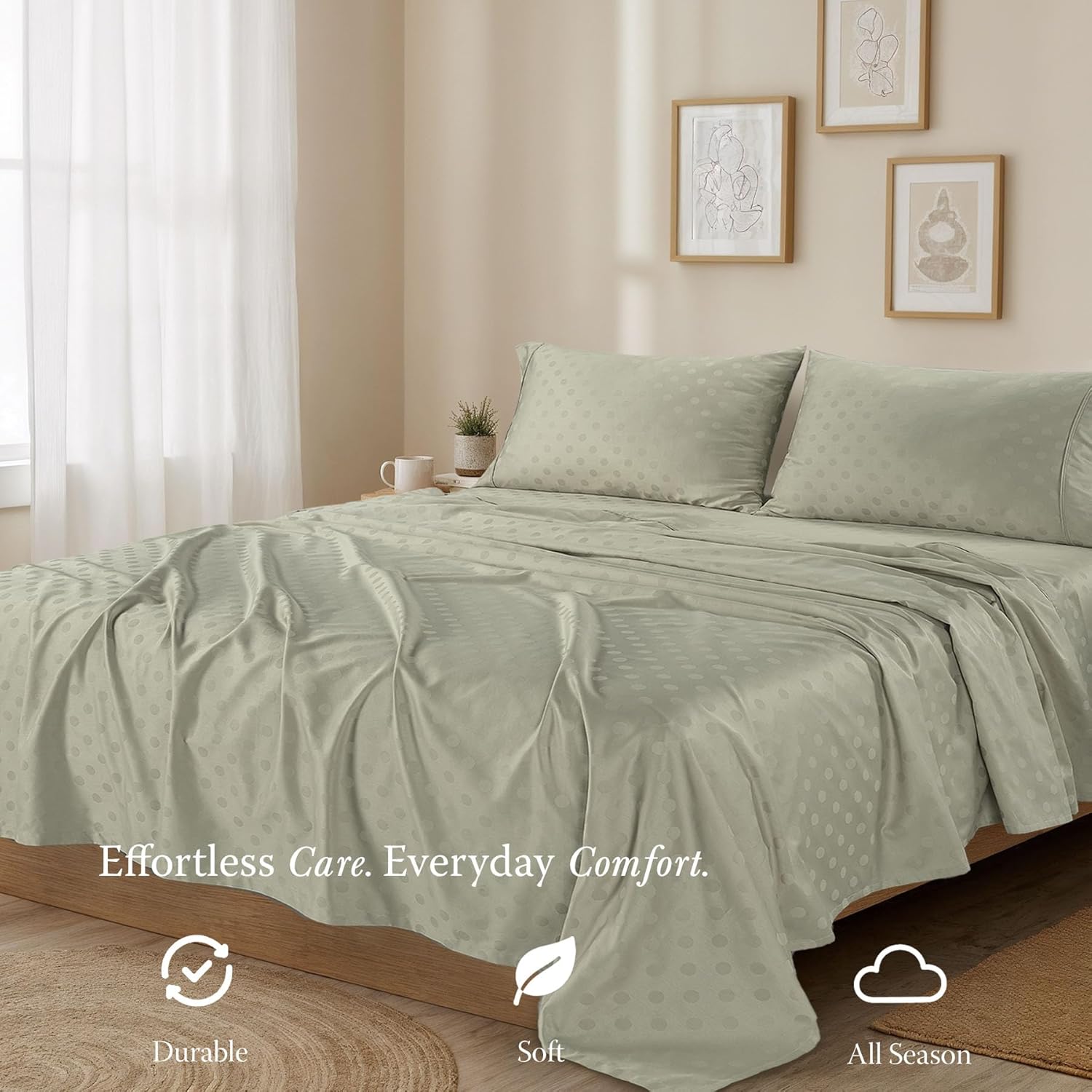 Threadmill Cotton Queen Sheet Set | 100% Cotton Sheets for Queen Size Bed | Damask Jacquard Queen Bed Sheets Set with 16” Deep Pocket | Soft Sateen Weave 4-Piece Cooling Bedding Set | Sage Green - Image 5