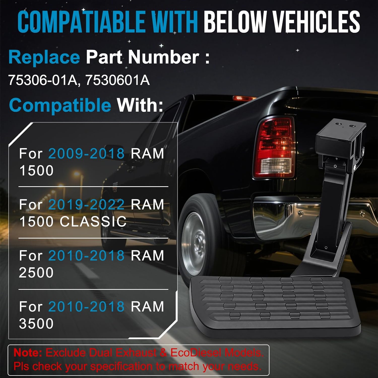 Retractable Rear Bed Step for 2009-2018 Ram 1500,Ram 2500 3500 (Not Compatible with Dual Exhaust and Ecodiesel), Retractable Bumper Side Truck Tailgate Step,Replace#75306-01A