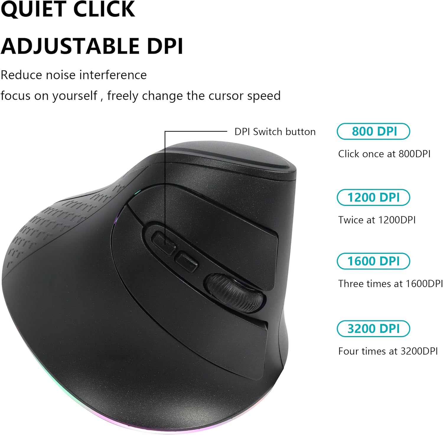 2.4G Wireless Mouse Ergonomic Vertical Mouse Bluetooth Mouse RGB Optical Mouse with USB Receiver 7 Buttons 4 Adjustable DPI Cordless Computer Mice for PC Laptop Desktop,Black