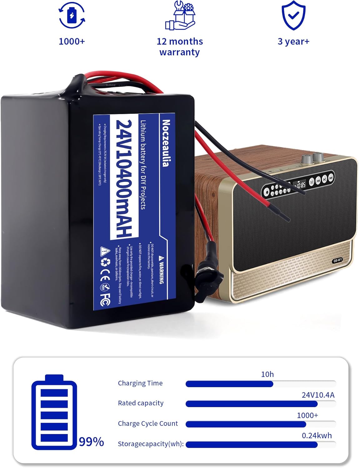 24V 10.4Ah Lithium Battery with 25.2V 1A Charger, 24V Rechargeable Battery for LED Strips and DIY Projects Black - Image 6