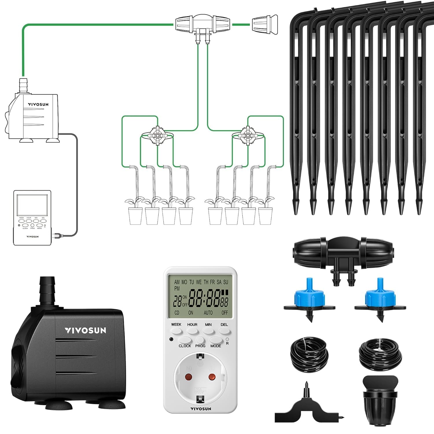 VIVOSUN Bewässerungssystem automatisches Tropfbewässerungsset 15W mit Pumpe,Timer und Regler,8 Tropfer für Indoor und Outdoor Pflanzen