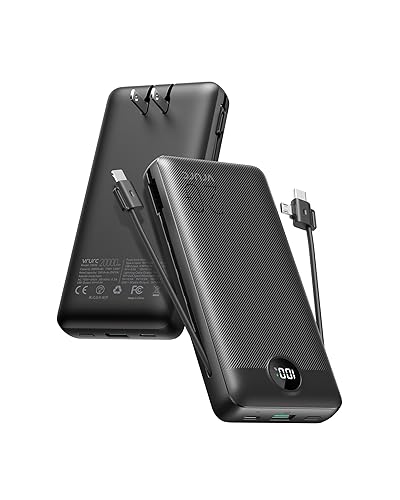 VRURC Portable Charger 20000mAh, Fast Charging Power Bank USB C,4 Output 2 Input Travel Essentials Charging Bank Equipped with LED Display,Built-in Wall Plug and Cables,Phone Charger Battery,Black - Black