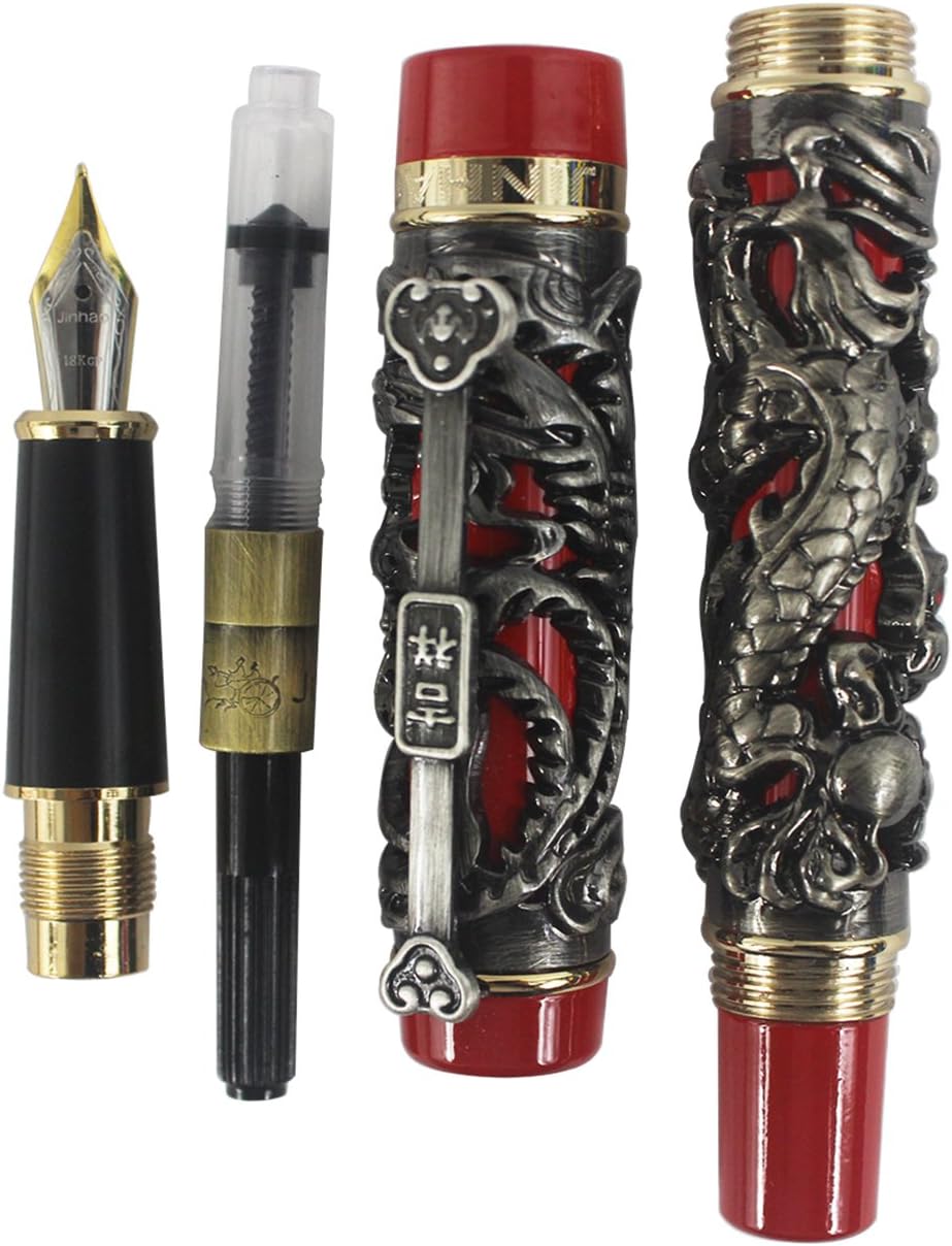 Auspicious Dragon and Phoenix Fountain Pen, 3D Metal Engraving, Medium Nib, Ancient Silver with Red