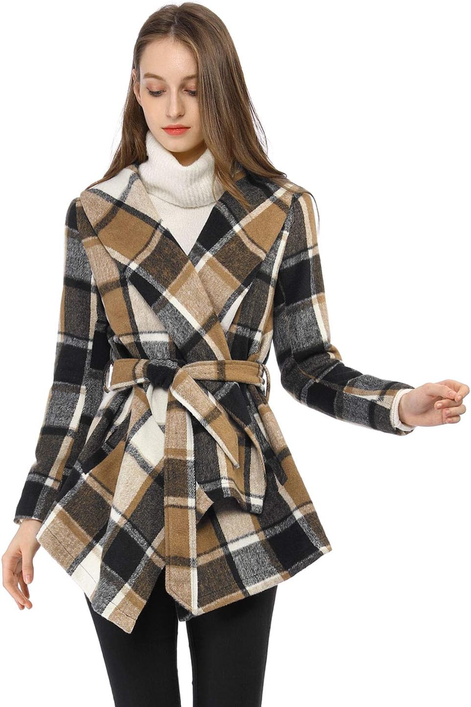 Allegra K Women's Turn Down Collar Asymmetric Hem Thin Plaids Wrap Coat - Image 3