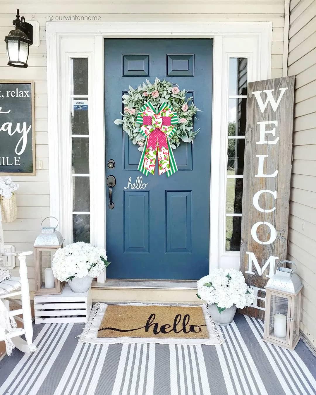 Threetols Large Pink Flamingo Wreath Bows, Summer Green Stripe Bows for Wreath Hawaiian Tropical Burlap Bows for Front Door, Pink Dot Linen Farmhouse Bows for Summer Party Indoor Outdoor Decorations