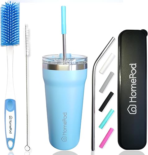 Miniatura 1 de Juego de 3 1 taza de café aislada de acero inoxidable con tapa de 18 onzas azul + 1 limpiador de cepillo de botella de 14 pulgadas + 1 juego de 2