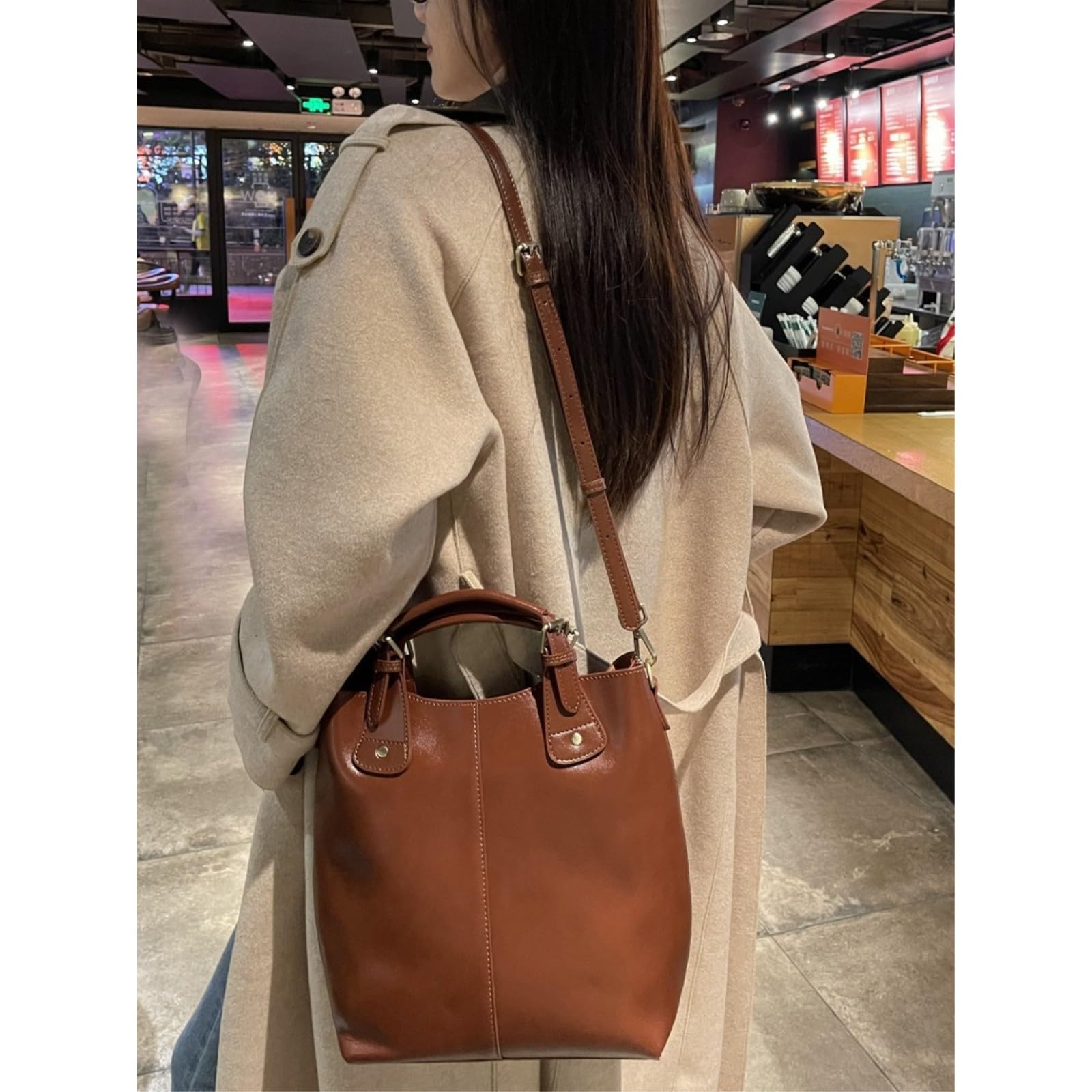 HJDMO Borsa a secchiello in vera pelle per le donne borsa a secchiello con chiusura a cerniera borsa a tracolla con tasche multiple borsa quotidiana per street style nero