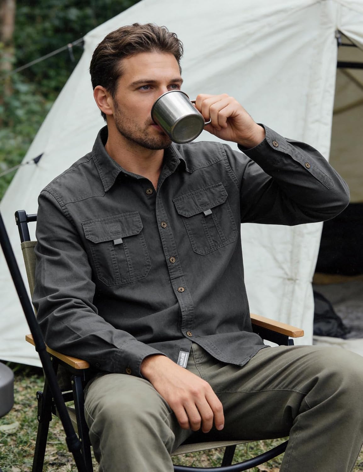 Flygo Long Sleeve Work Shirts for Men Casual Cotton Button Down Western Cowboy Cargo Shirt for Hiking Safari Camping - Image 3