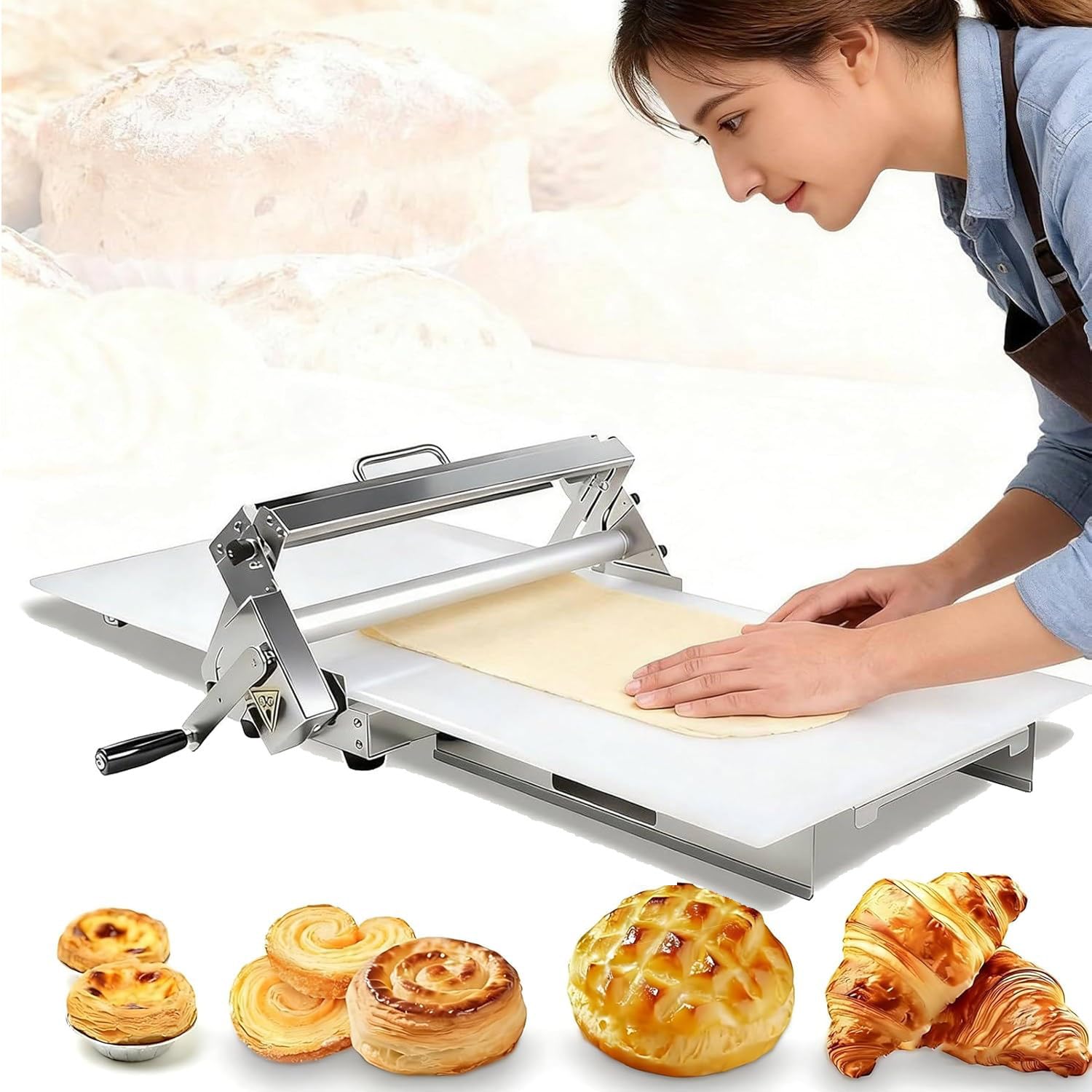 XDLYWUZIQ Commercial Electric Dough Sheeter Machine, Croissant Dough Laminator, 2-30mm Thickness Control,Stainless Steel Build for Bakery, Pizzeria, Pizza Dough, Pastry Crust