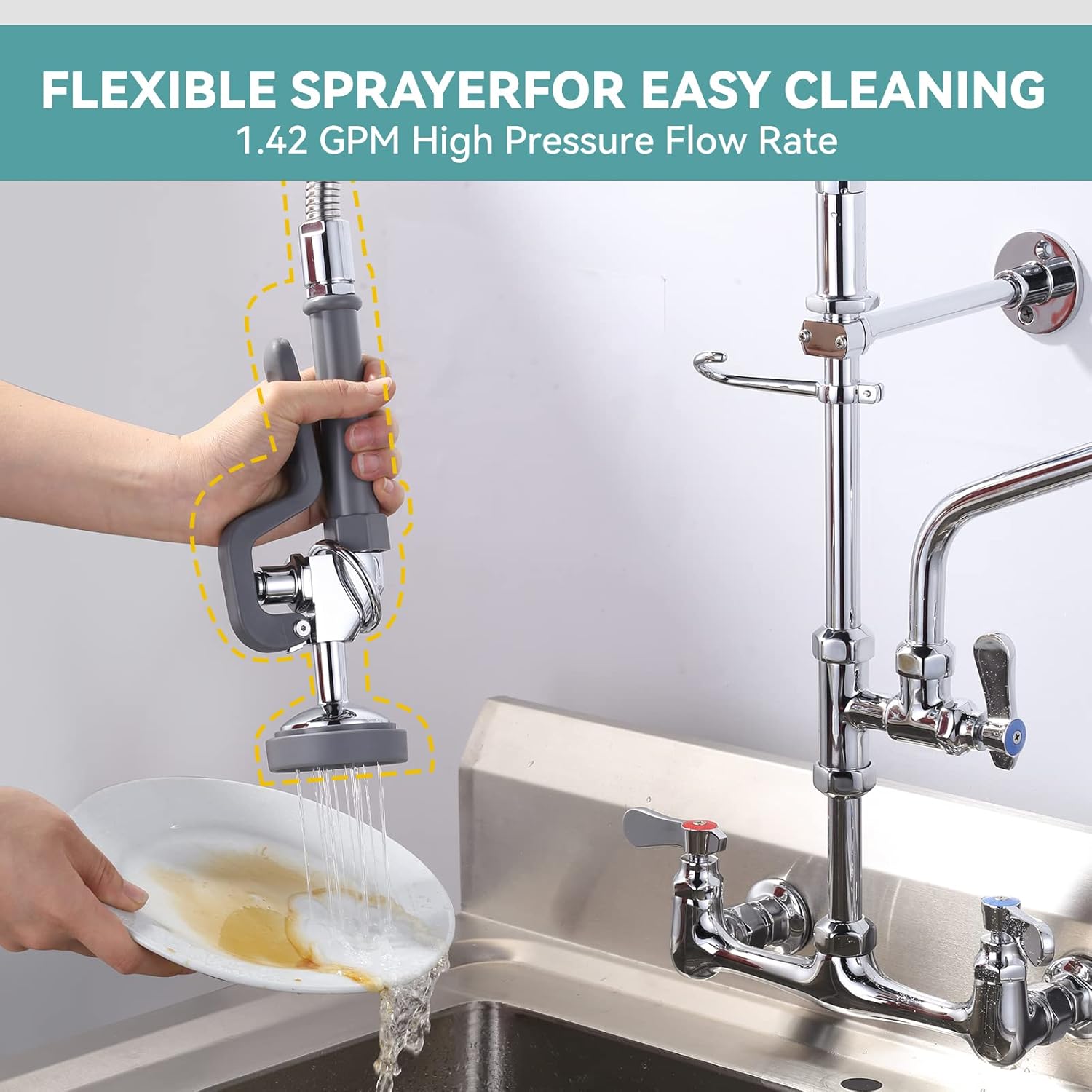 Gray Commercial Pre Rinse Sprayer & 18.5" Commercial Sink Faucet Sprayer Hose for Commercial Kitchen Sink Faucet…
