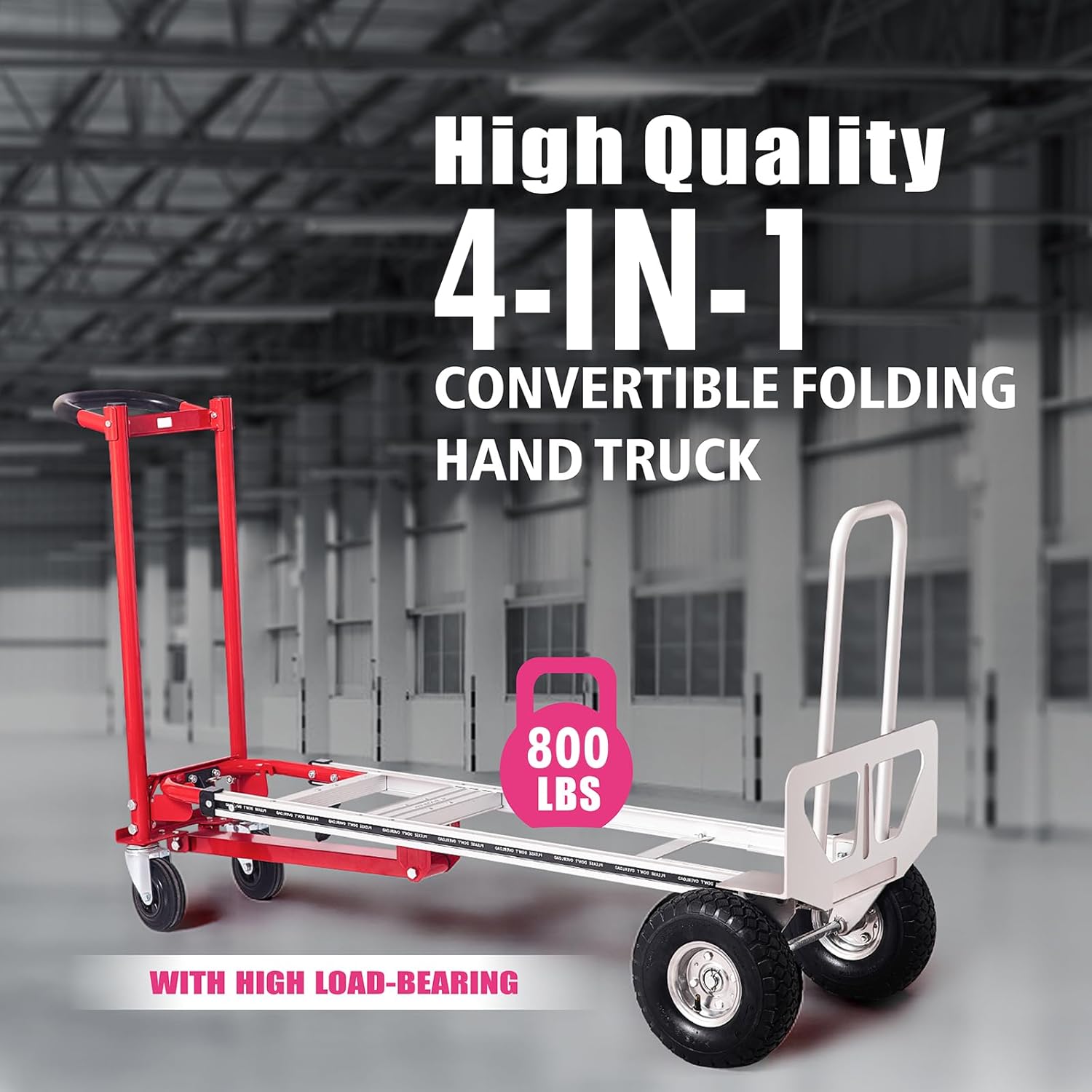 Folding Hand Truck Dolly, 4 in 1 Aluminum Dolly Heavy Duty with Rubber Handle, Folding Truck 770LB Capacity Weigth, Non-Slip Wheels, for Garage, Warehouse, Outdoor Delivery