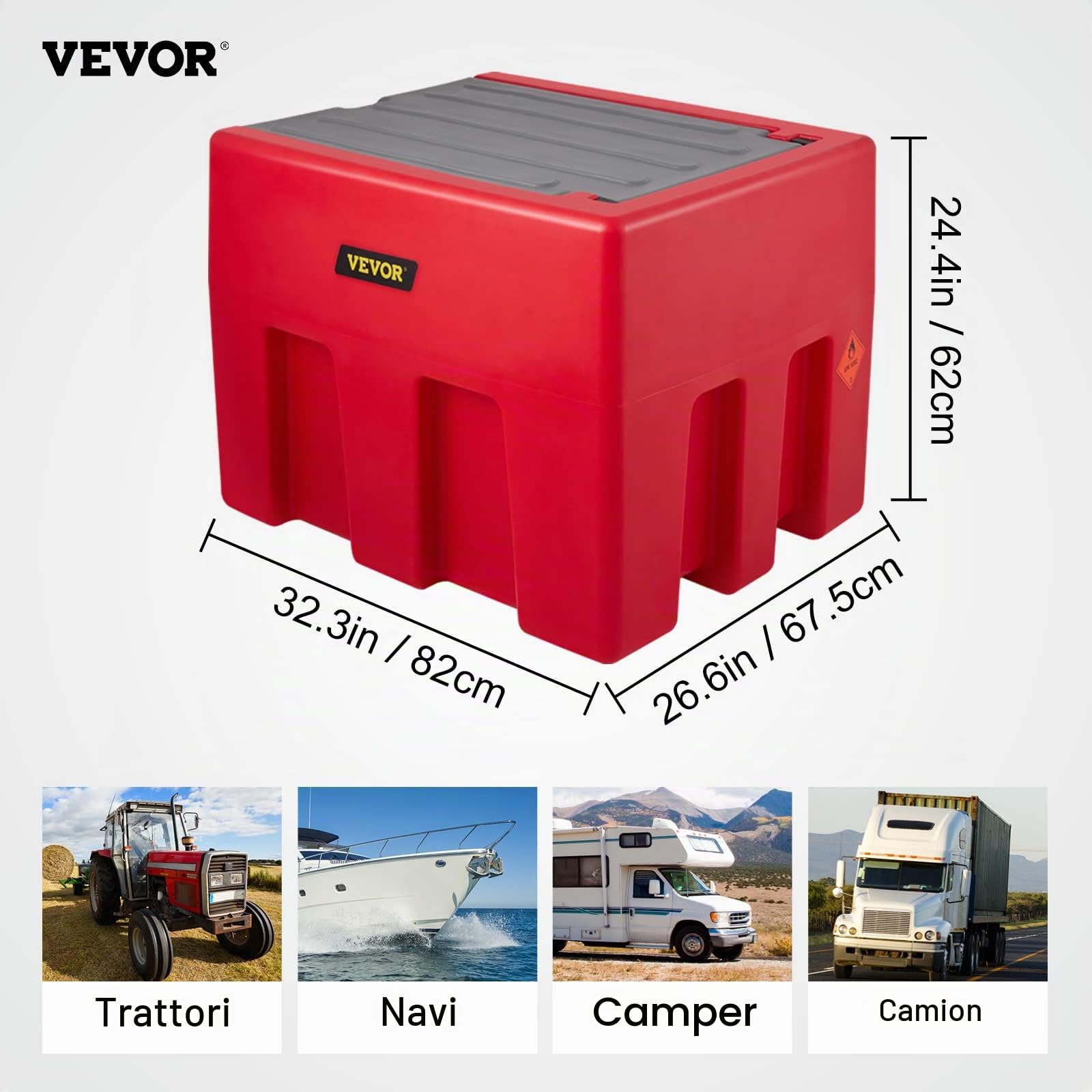 VEVOR Serbatoio per Diesel Portatile Capacità 220 Litri Portata 10,6 GPM, Serbatoio per Carburante con Pompa di Trasferimento Elettrica da 12 V Tubo in Gomma 3,9 m, Rosso