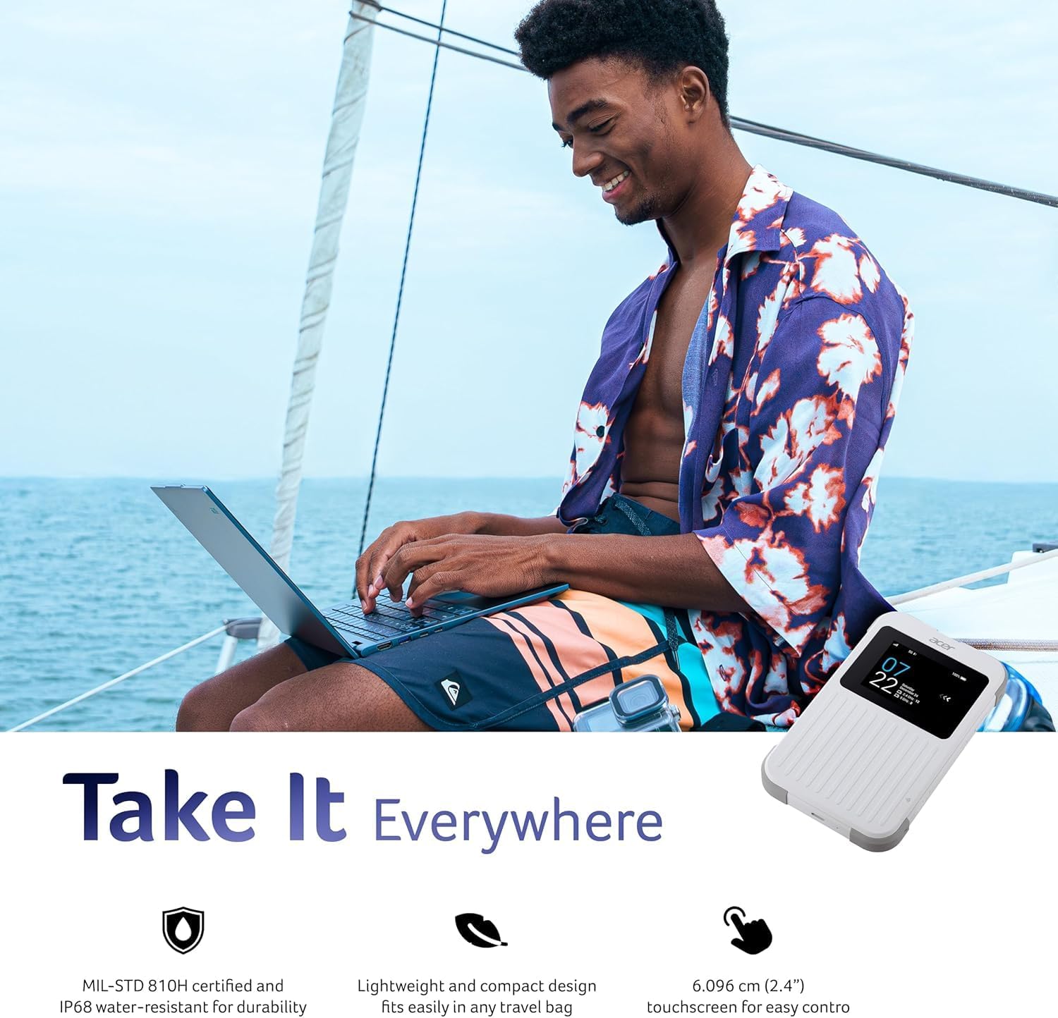 Person using a laptop outdoors with the Acer Connect M6E hotspot, highlighting its portability and rugged design.