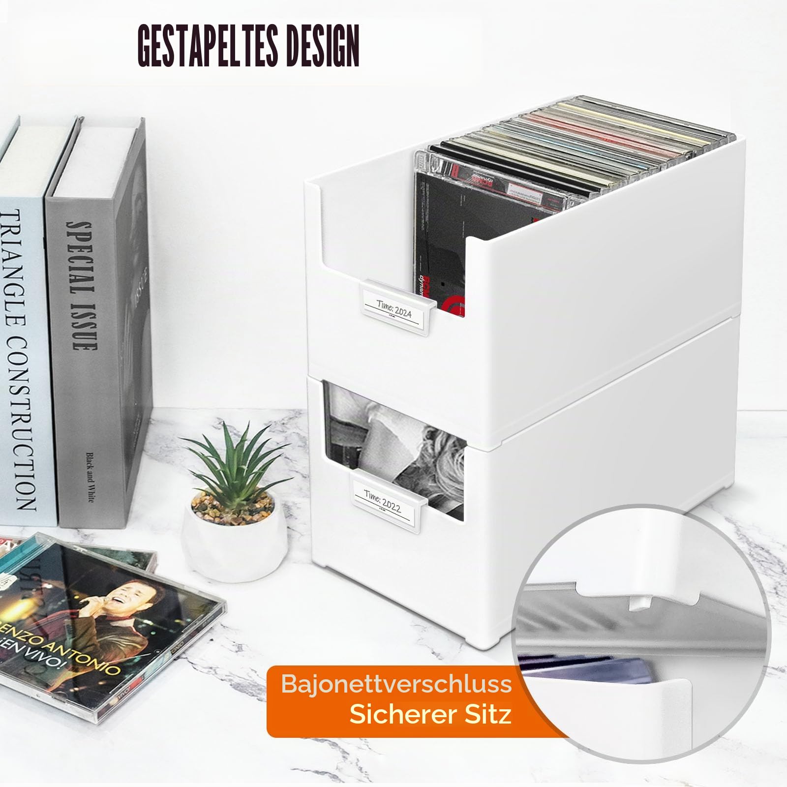 CD-Aufbewahrungsbox, stapelbarer CD-Organizer aus Kunststoff, für bis zu 25 CDs, CD-Aufbewahrungsbox für Schreibtisch und Regal